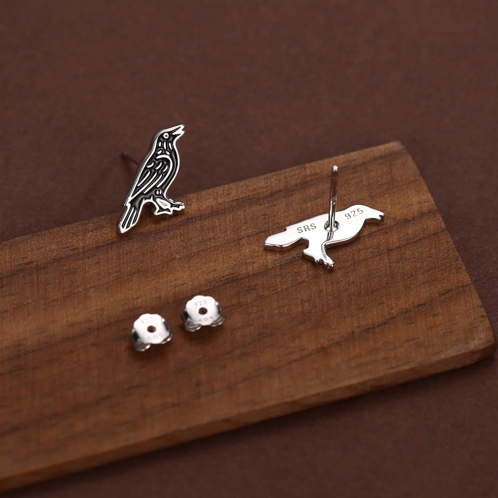 Sterling Silver Crow Raven Bird Stud Earrings - Image 5
