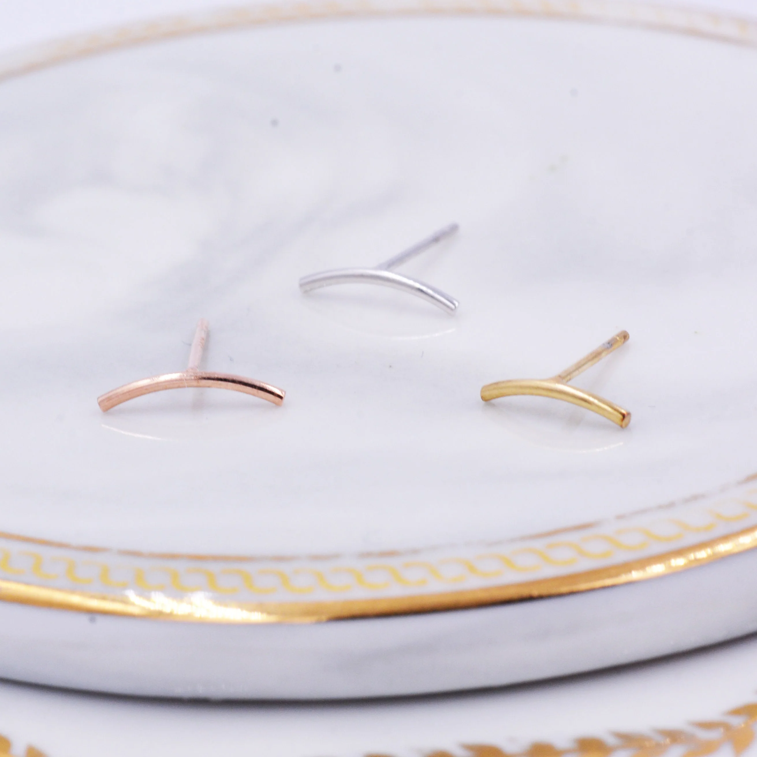 Sterling Silver Curved Bar Stud Earrings, Rose gold and Gold, Delicate and Dainty Geometric Jewellery - Image 3