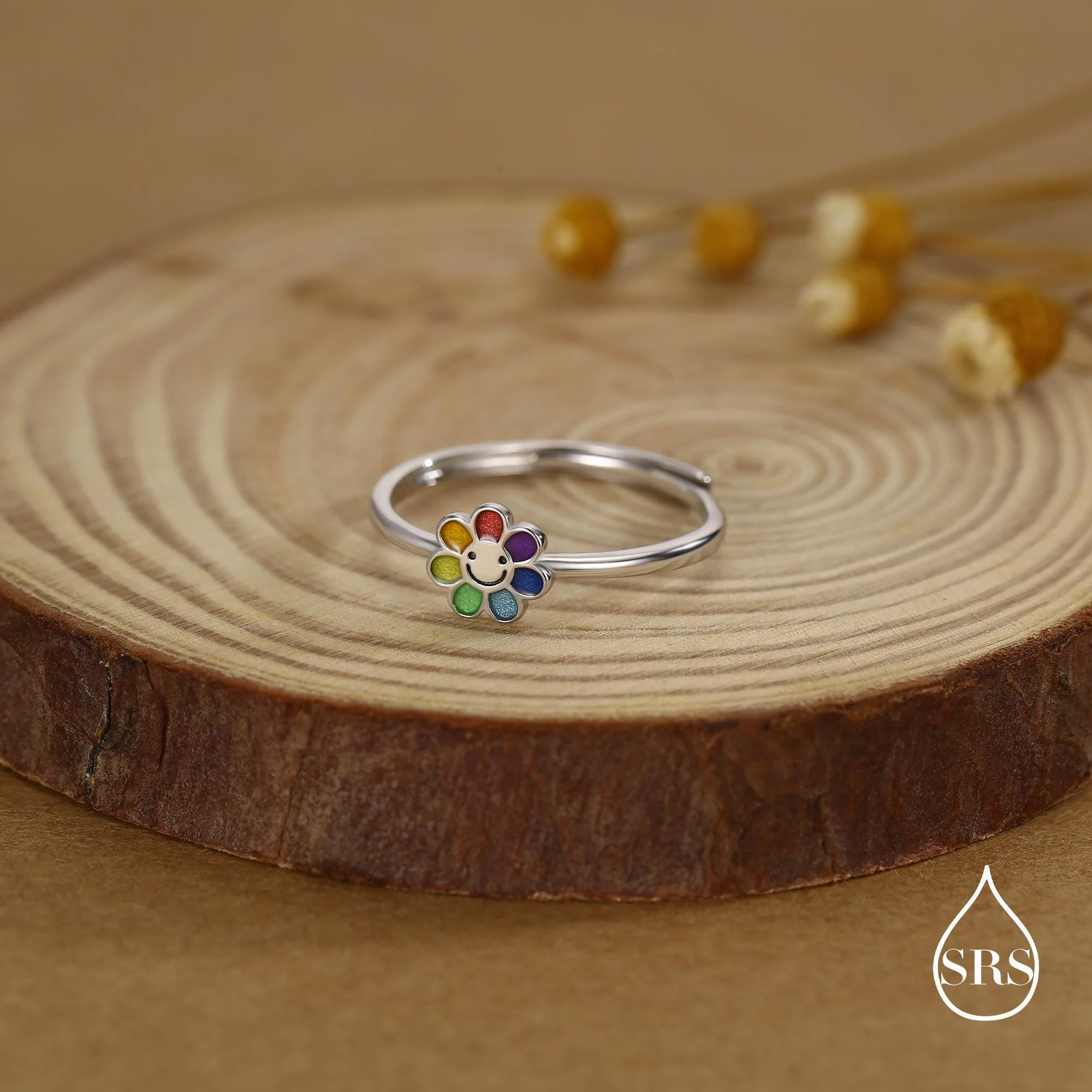 Sterling Silver Cute Little Smiling Flower Ring, Adjustable Size, Cute Rainbow Flower Jewellery, Dainty and Delicate, Flower Ring - Image 8