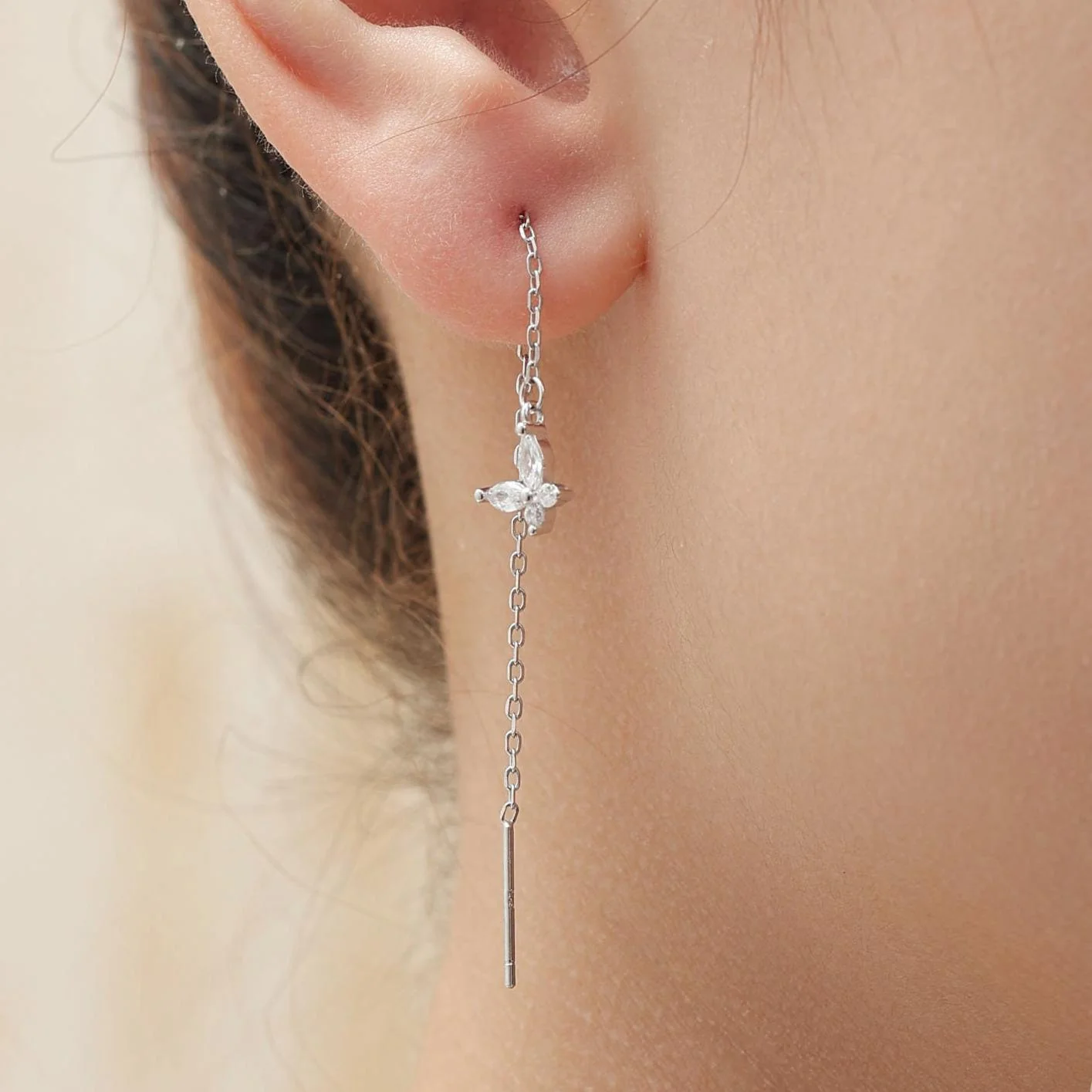 Sterling Silver CZ Butterfly Ear Threaders, Butterfly Threader Earrings, Dainty Butterfly Dangle Earrings, Butterfly Earrings - Image 3