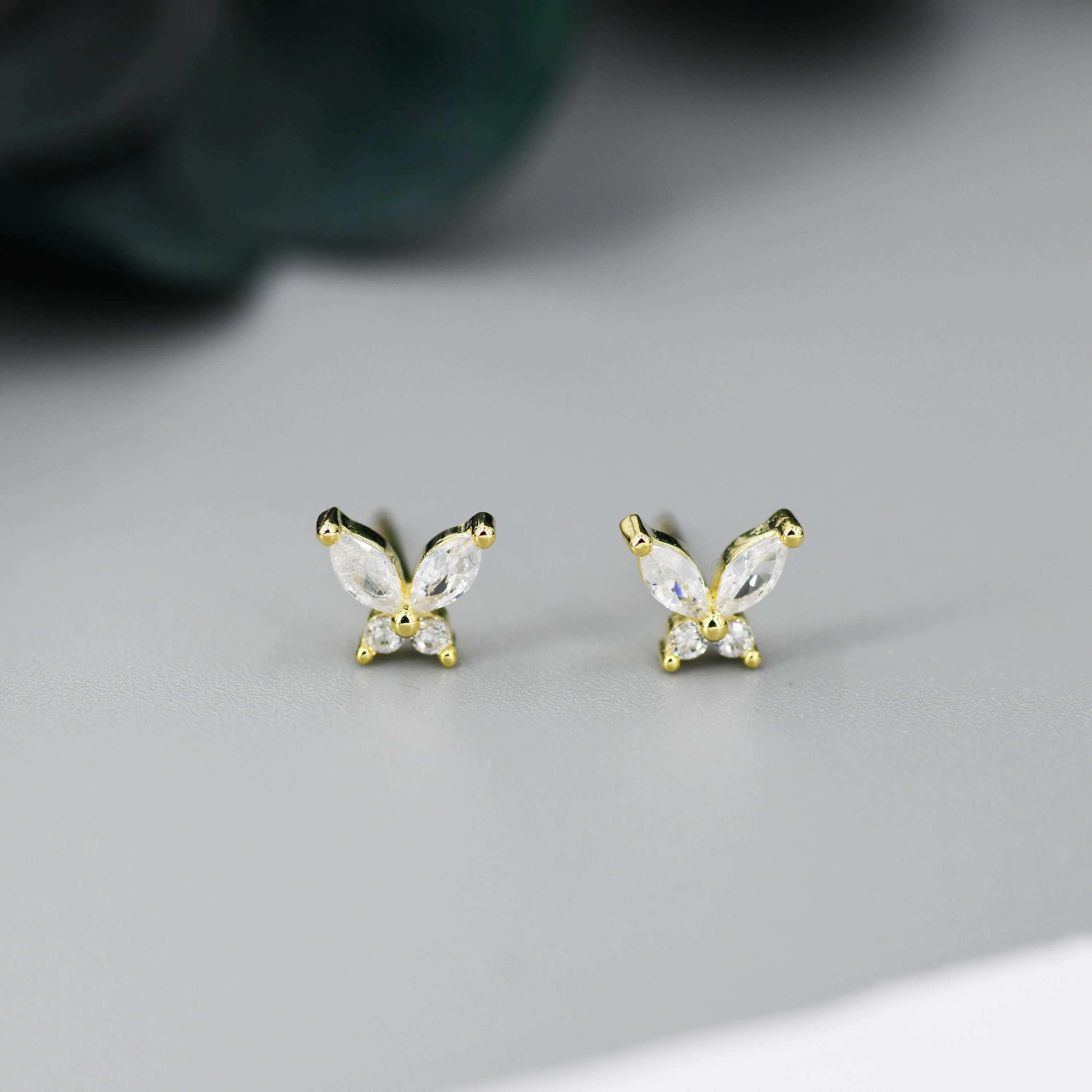 Sterling Silver CZ Butterfly Stud Earrings, Gold or Silver, Marquise CZ Earrings, Stacking Earrings, Stackable Butterfly Earrings - Image 6