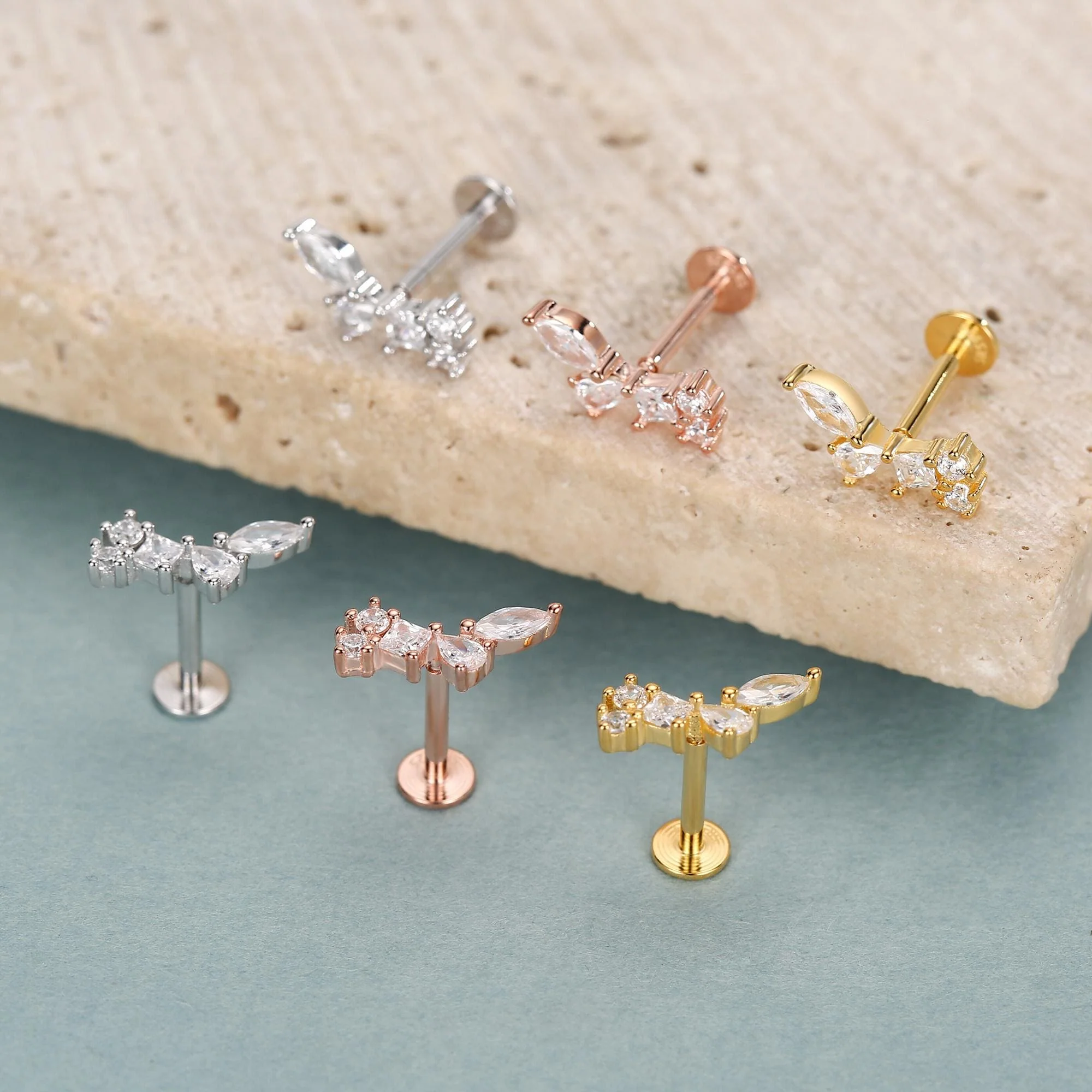Sterling Silver CZ Cluster 16G Flat Back Labret Earrings - Image 5