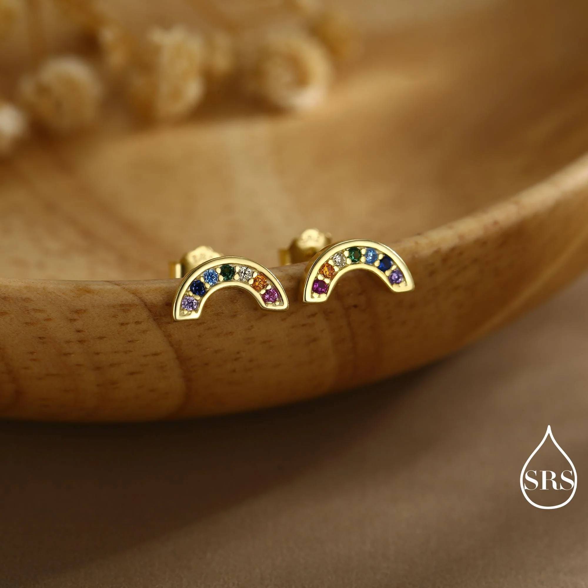 Sterling Silver CZ Crystal Rainbow Stud Earrings, Gold and Silver, Cute and Quirky Jewellery - Image 3