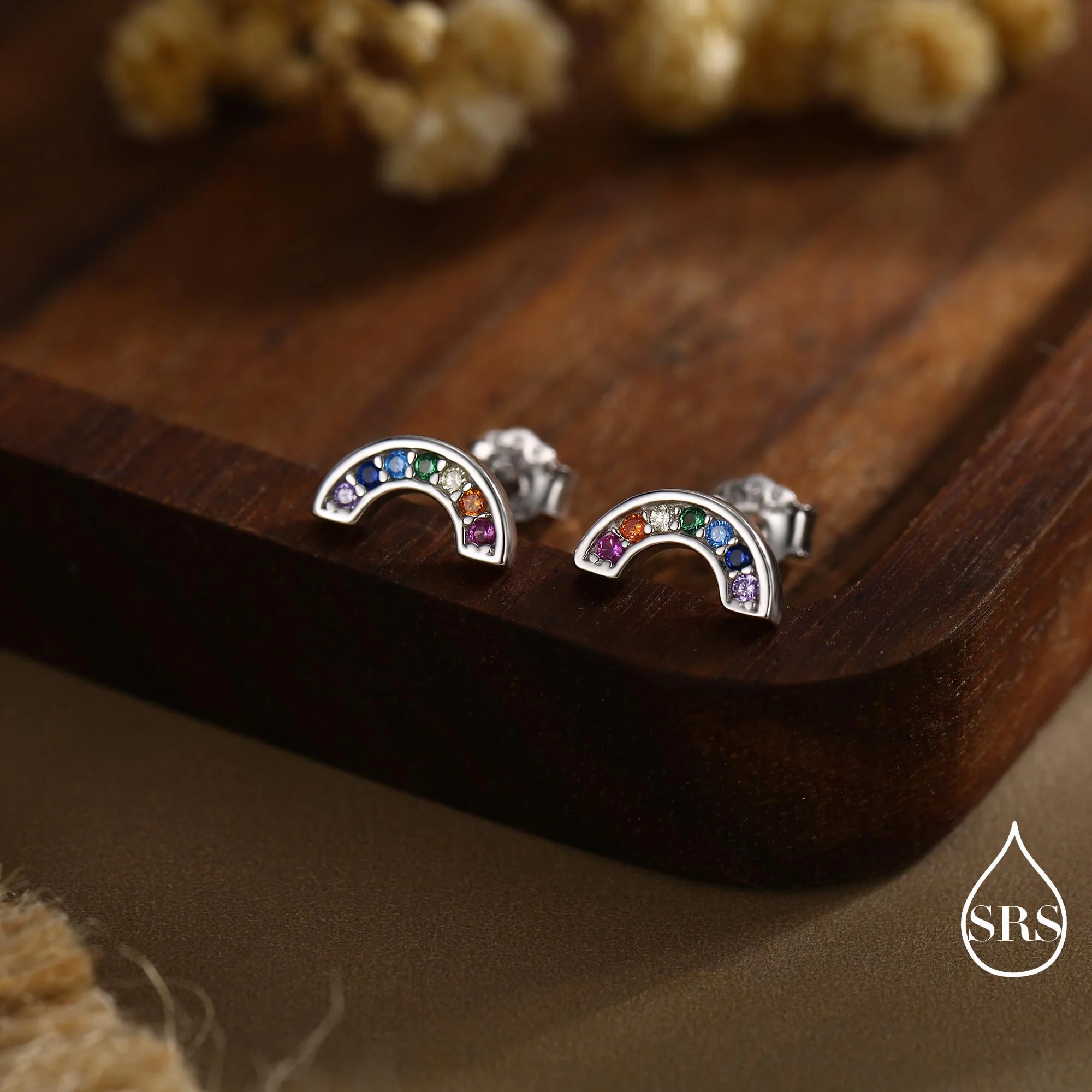 Sterling Silver CZ Crystal Rainbow Stud Earrings, Gold and Silver, Cute and Quirky Jewellery - Image 4