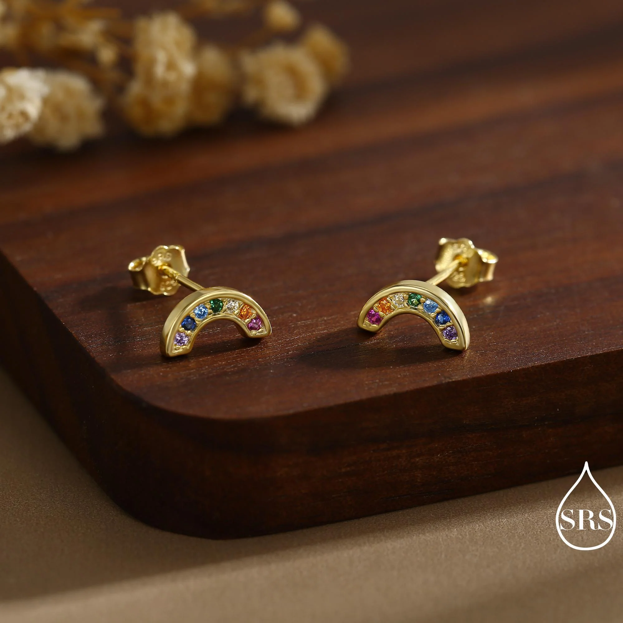 Sterling Silver CZ Crystal Rainbow Stud Earrings, Gold and Silver, Cute and Quirky Jewellery - Image 5