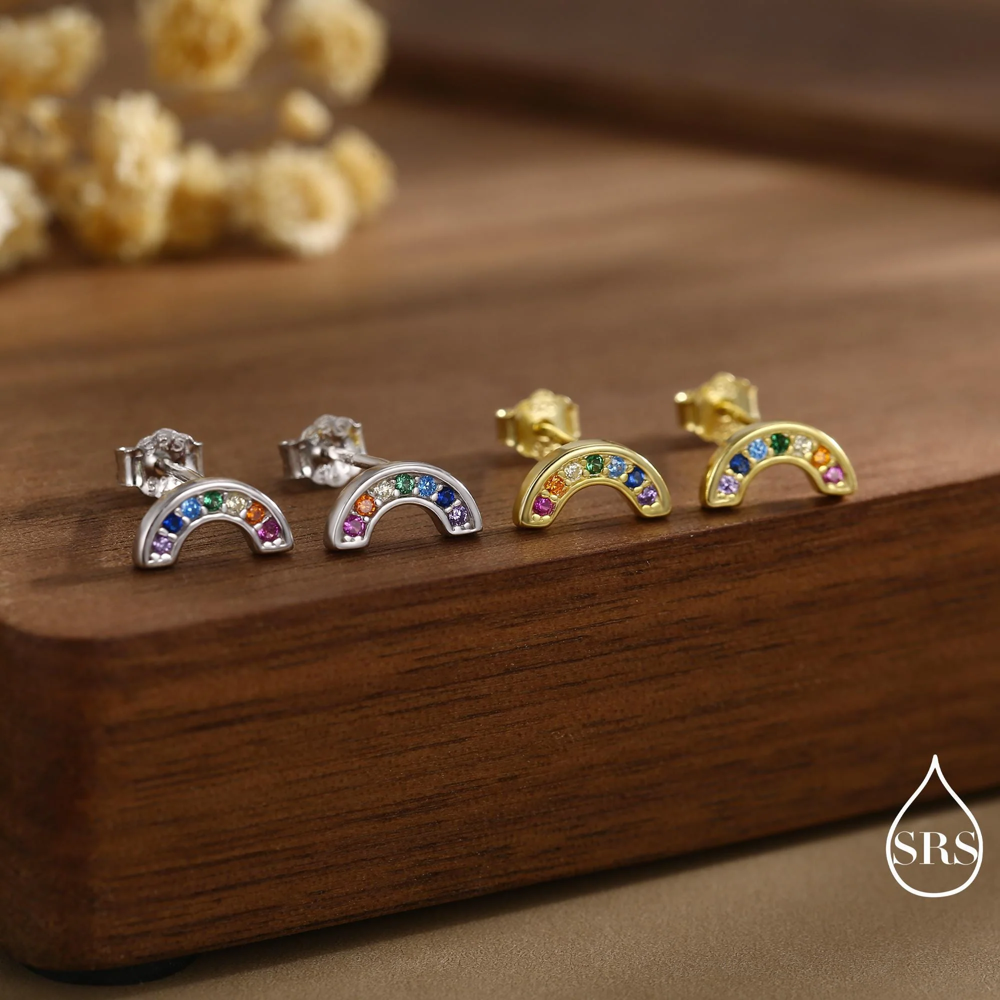Sterling Silver CZ Crystal Rainbow Stud Earrings, Gold and Silver, Cute and Quirky Jewellery - Image 7
