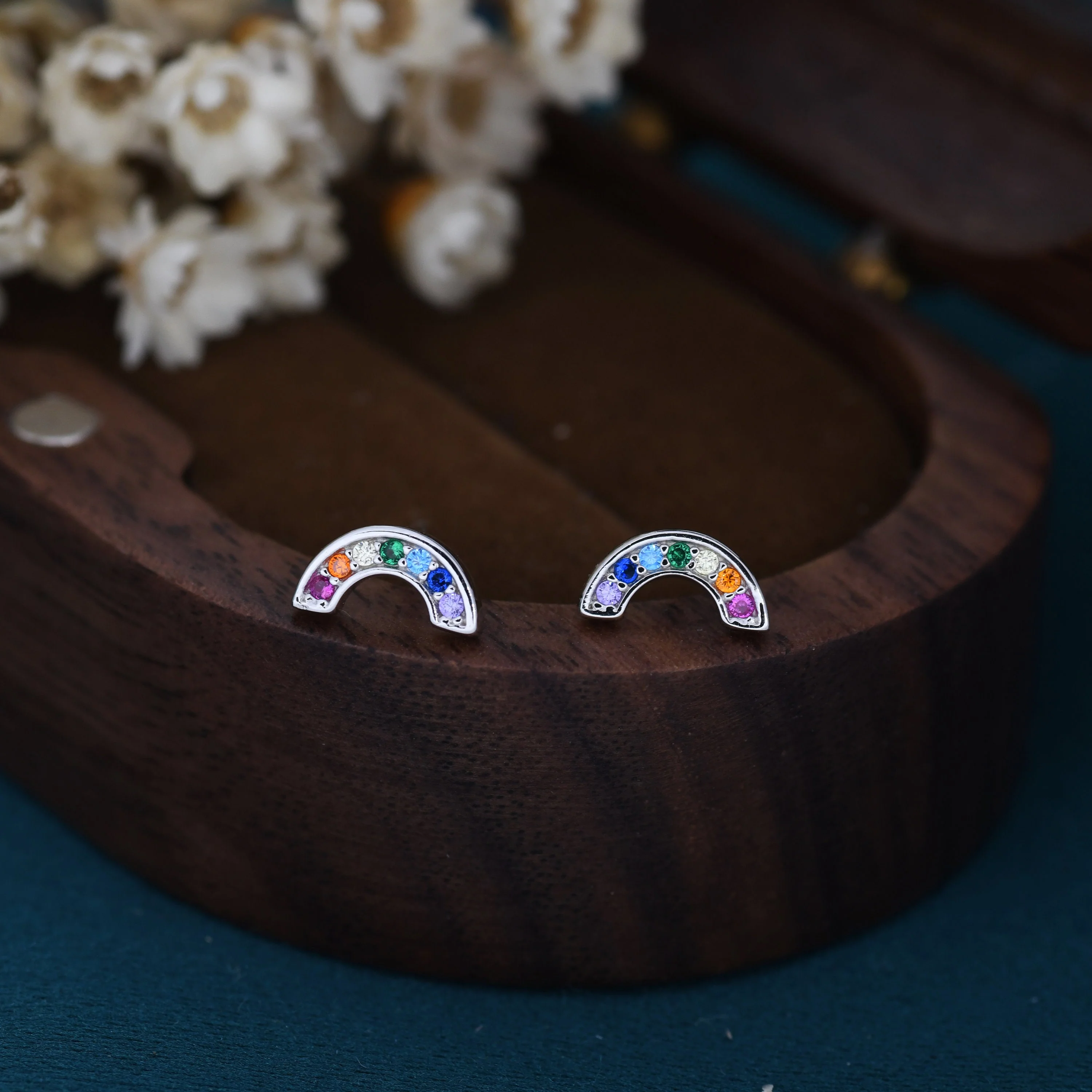 Sterling Silver CZ Crystal Rainbow Stud Earrings, Gold and Silver, Cute and Quirky Jewellery - Image 8