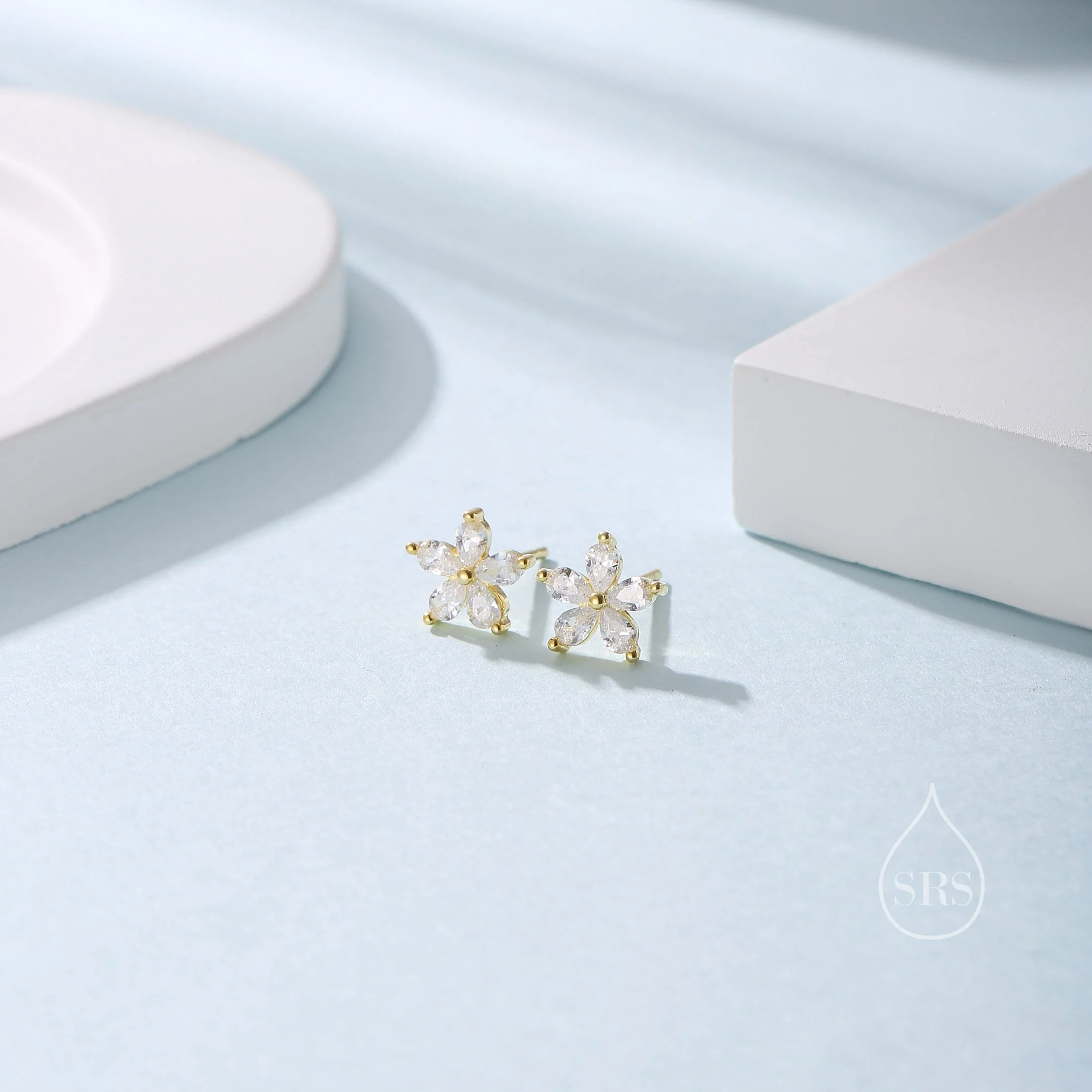 Sterling Silver CZ Flower Stud Earrings, Silver or Gold, Forget Me Not Flower CZ Earrings, Flower Stud - Image 5