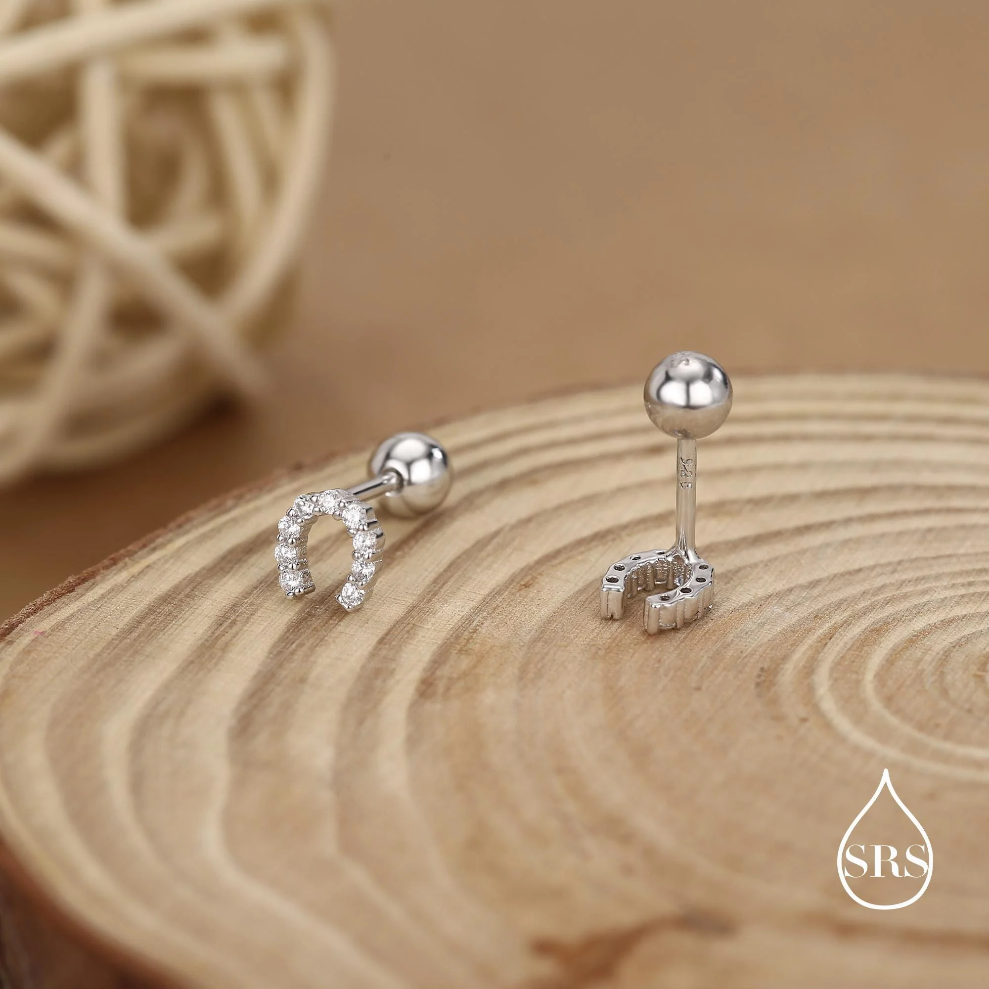 Sterling Silver CZ Horseshoe 18G Screw Back Stud Earrings with Ball Backs - Image 3