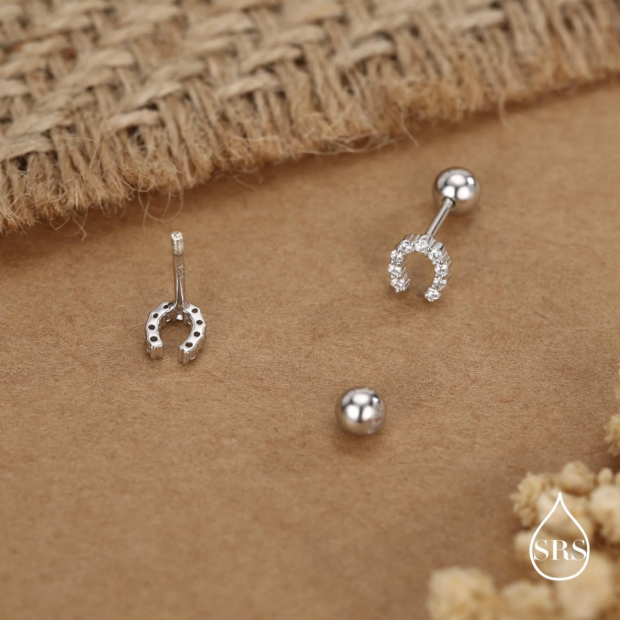 Sterling Silver CZ Horseshoe 18G Screw Back Stud Earrings with Ball Backs - Image 4