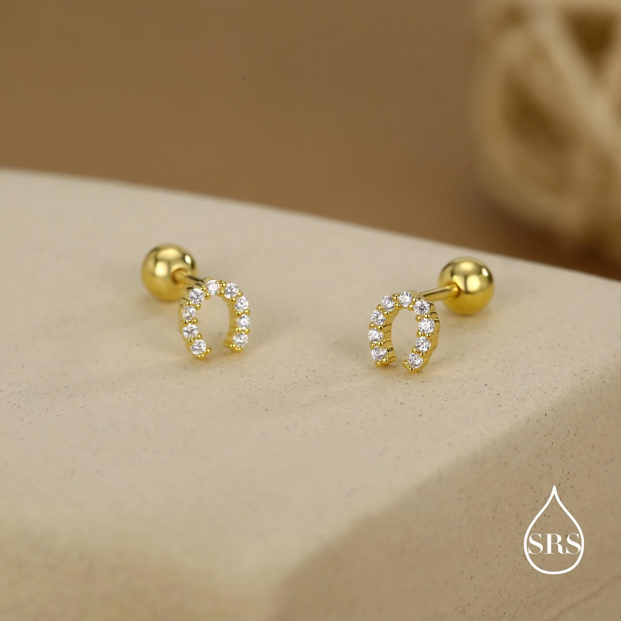 Sterling Silver CZ Horseshoe 18G Screw Back Stud Earrings with Ball Backs - Image 7