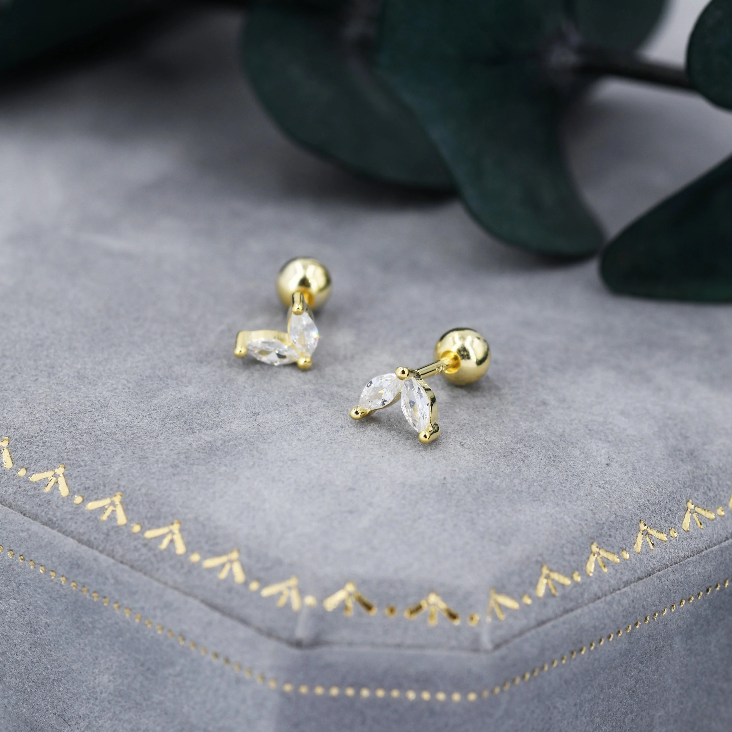 Sterling Silver CZ Marquise Leaf Screwback Earrings, Gold or Silver, Marquise Fan Screw back Earrings, Two Marquise Barbell Earrings - Image 5