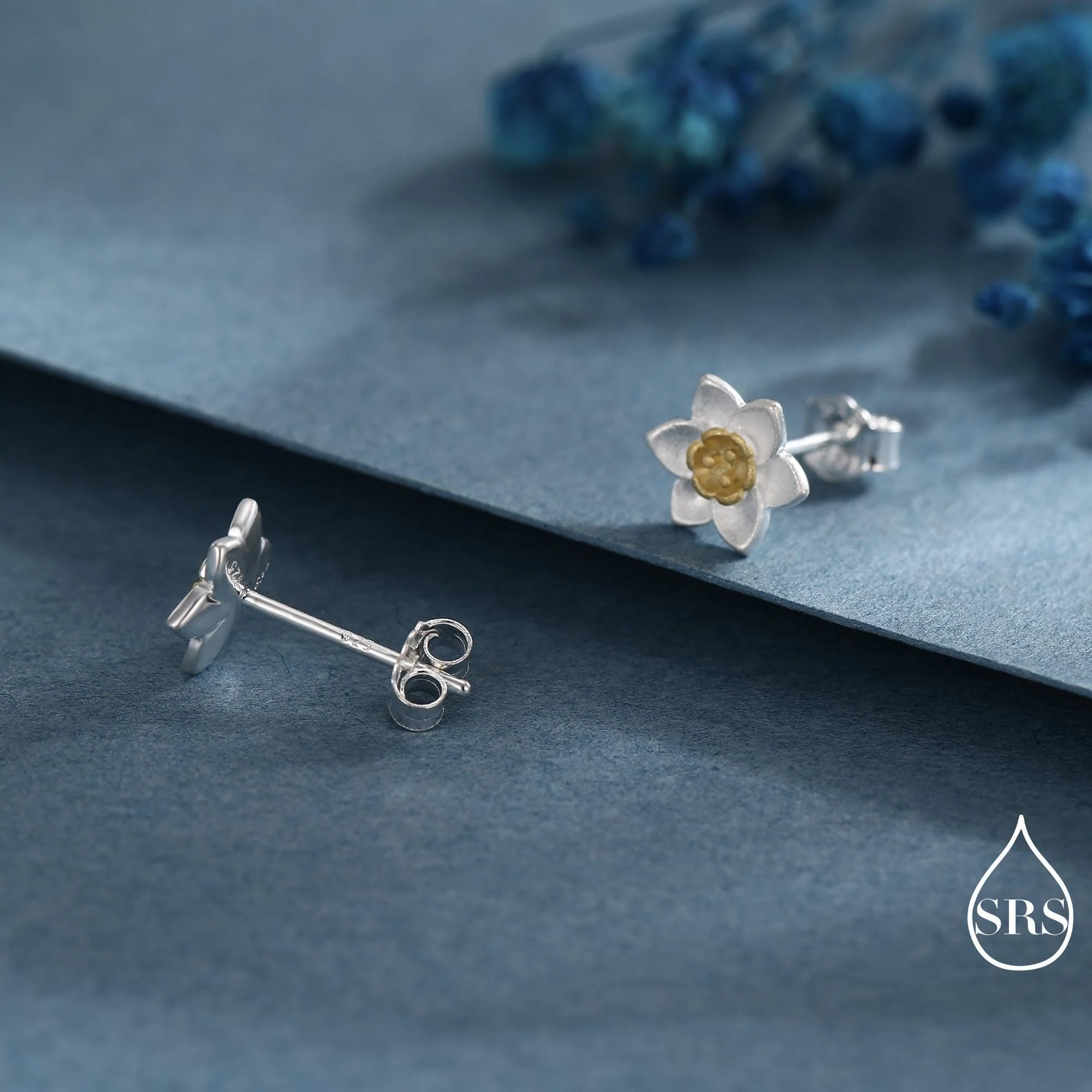 Sterling Silver Daffodil Flower Jewellery, Pretty and Cute Blossom Flower Stud Earrings , Sand Blasted Finish with Partial 18ct Gold Plating - Image 3