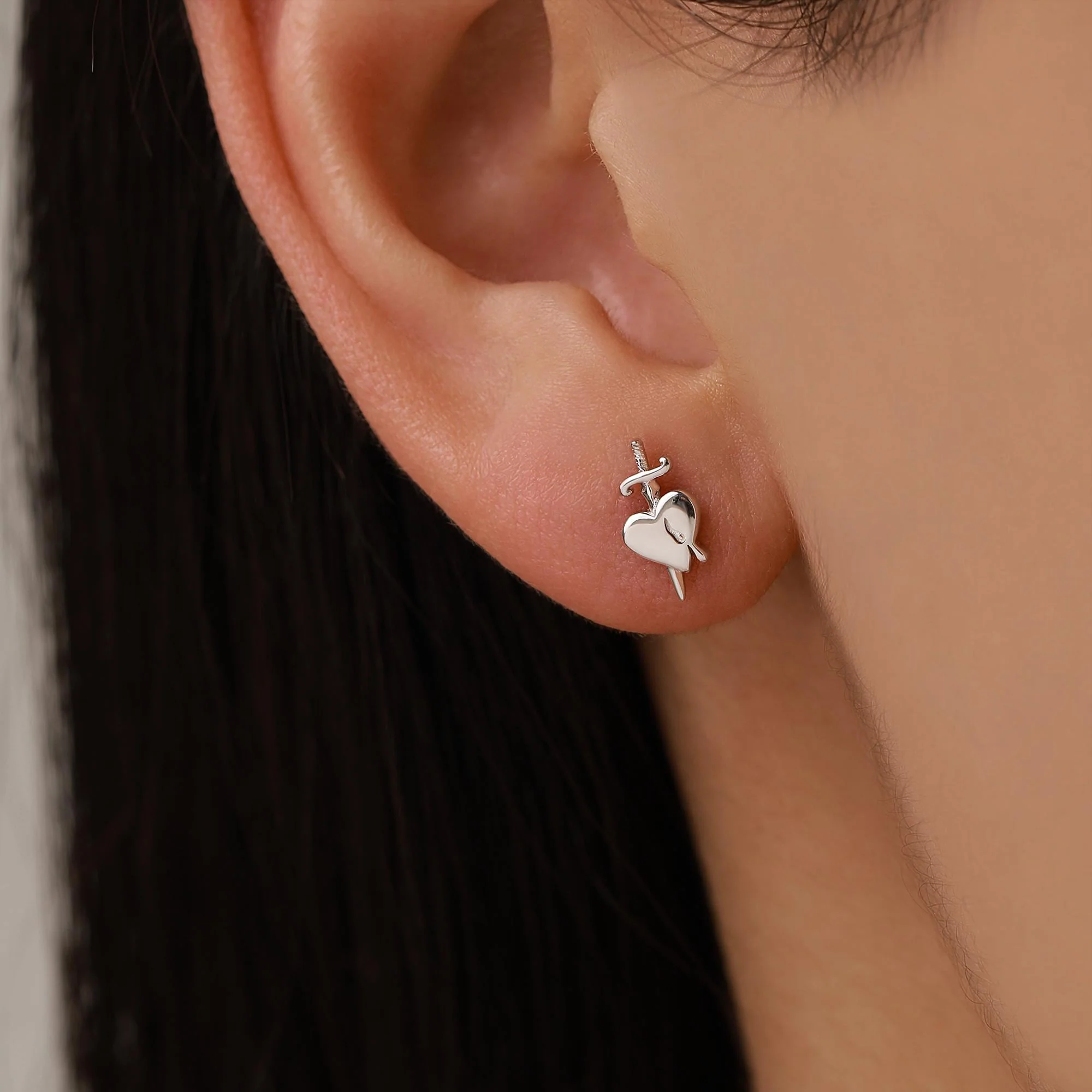 Sterling Silver Dagger Heart Stud Earrings - Image 2