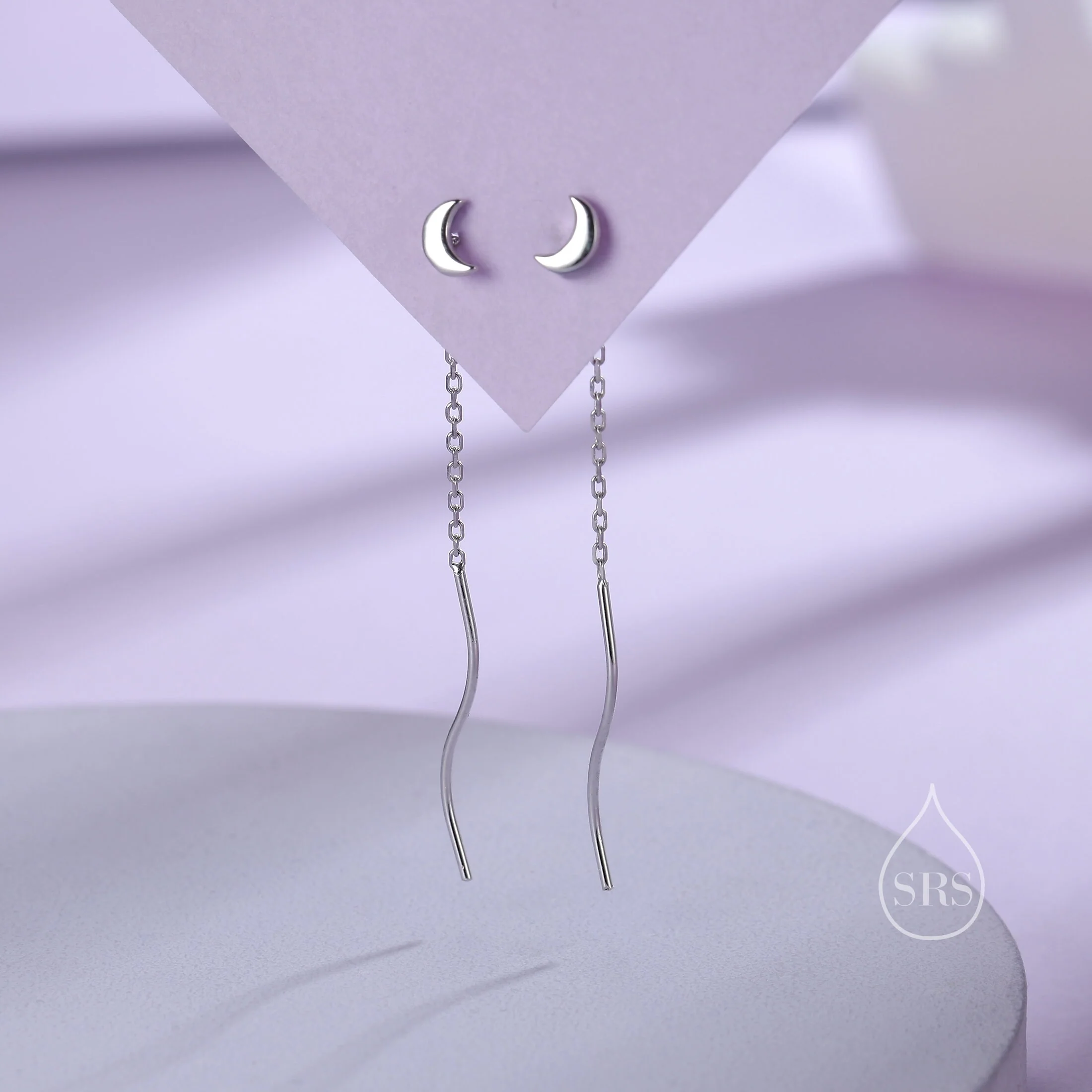 Sterling Silver Dainty Crescent Moon Threader Earrings, Silver or Gold, Swirl Ear Threader, Elegant and Pretty, Minimalist and Geometric - Image 2