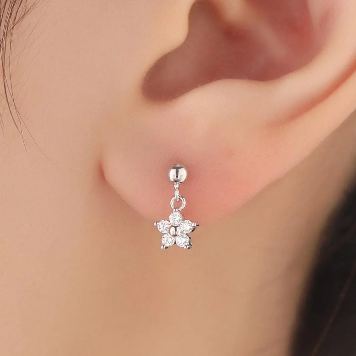 Sterling Silver Dainty CZ Flower Drop Stud Earrings, Dainty Dangle Daisy Flower Earrings, Silver Forget Me Not Tiny Earrings - Image 2