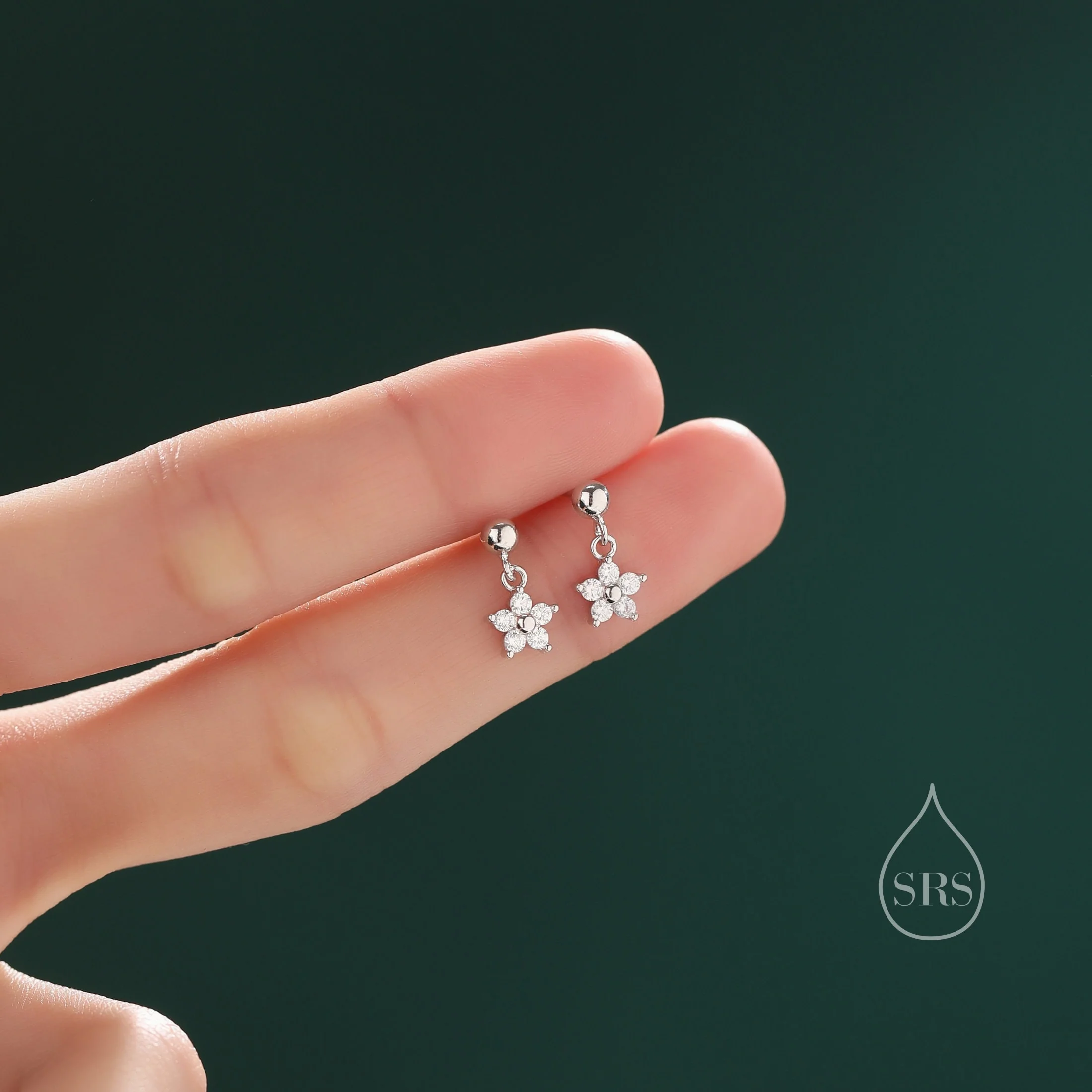 Sterling Silver Dainty CZ Flower Drop Stud Earrings, Dainty Dangle Daisy Flower Earrings, Silver Forget Me Not Tiny Earrings - Image 3