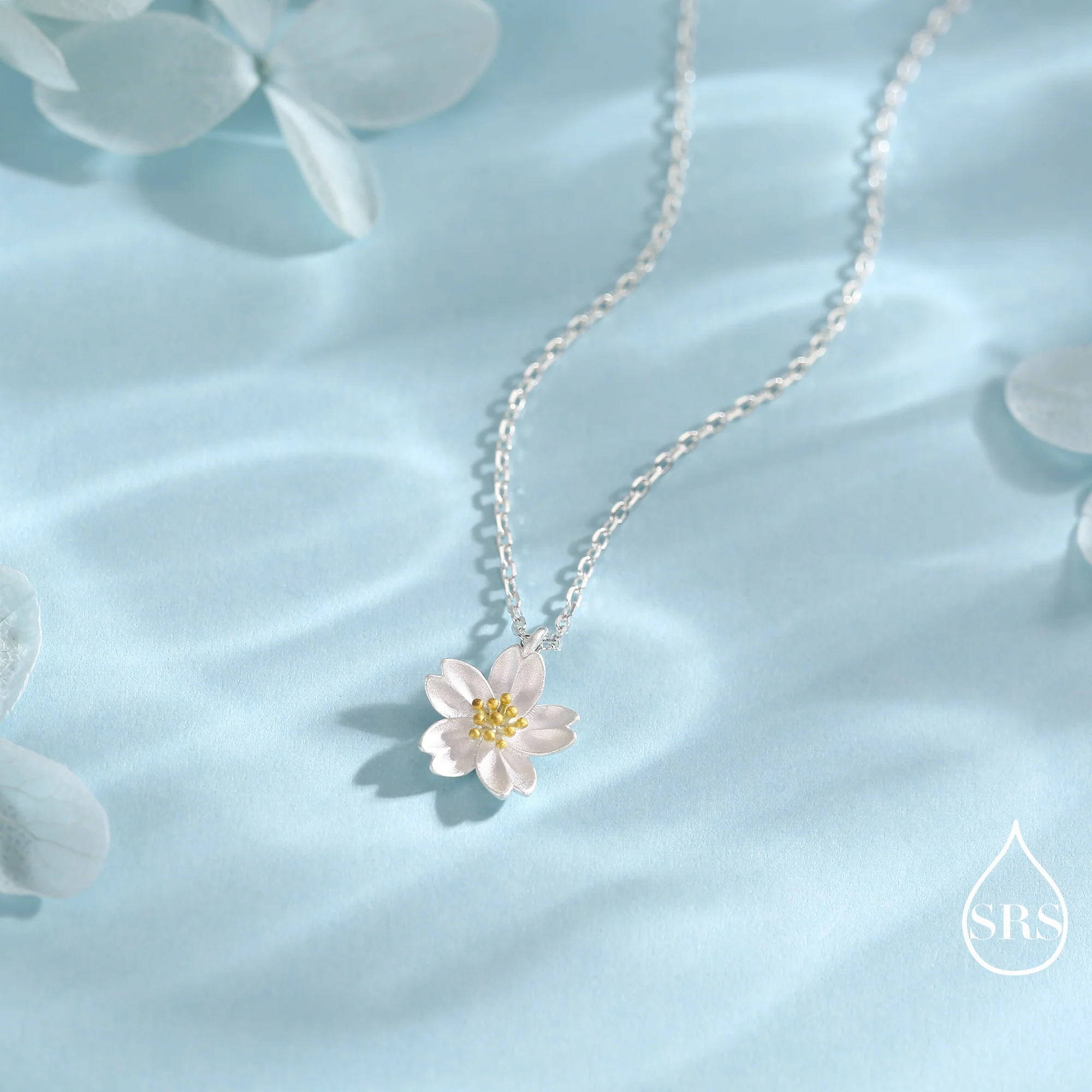 Sterling Silver Dainty Little Cherry Blossom Flower Floral Stud Earrings and Pendant Necklace, Nature Inspired, January Birth Flower, Botanical - Image 5