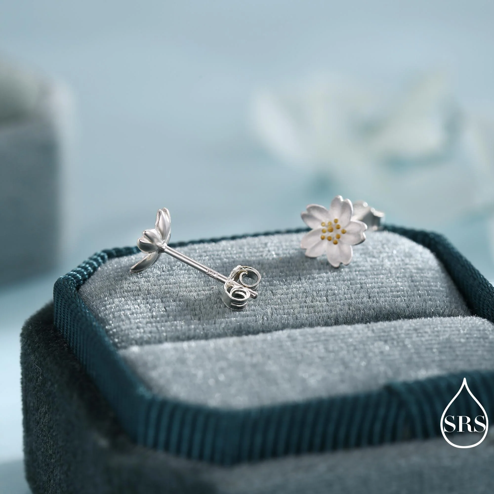 Sterling Silver Dainty Little Cherry Blossom Flower Floral Stud Earrings, Sand Blasted Textured Finish, Cute and Sweet Design - Image 3