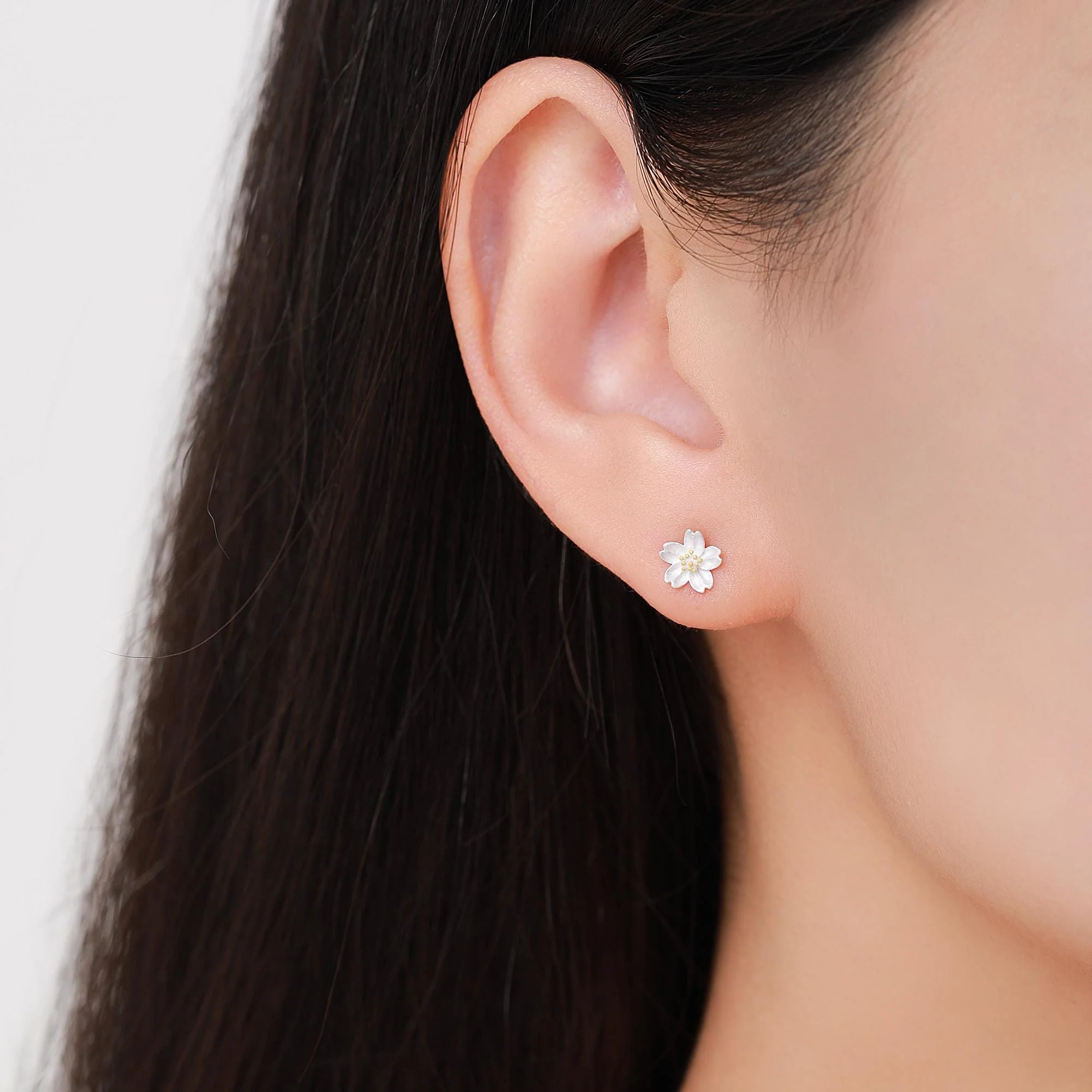 Sterling Silver Dainty Little Cherry Blossom Flower Floral Stud Earrings, Sand Blasted Textured Finish, Cute and Sweet Design - Image 4