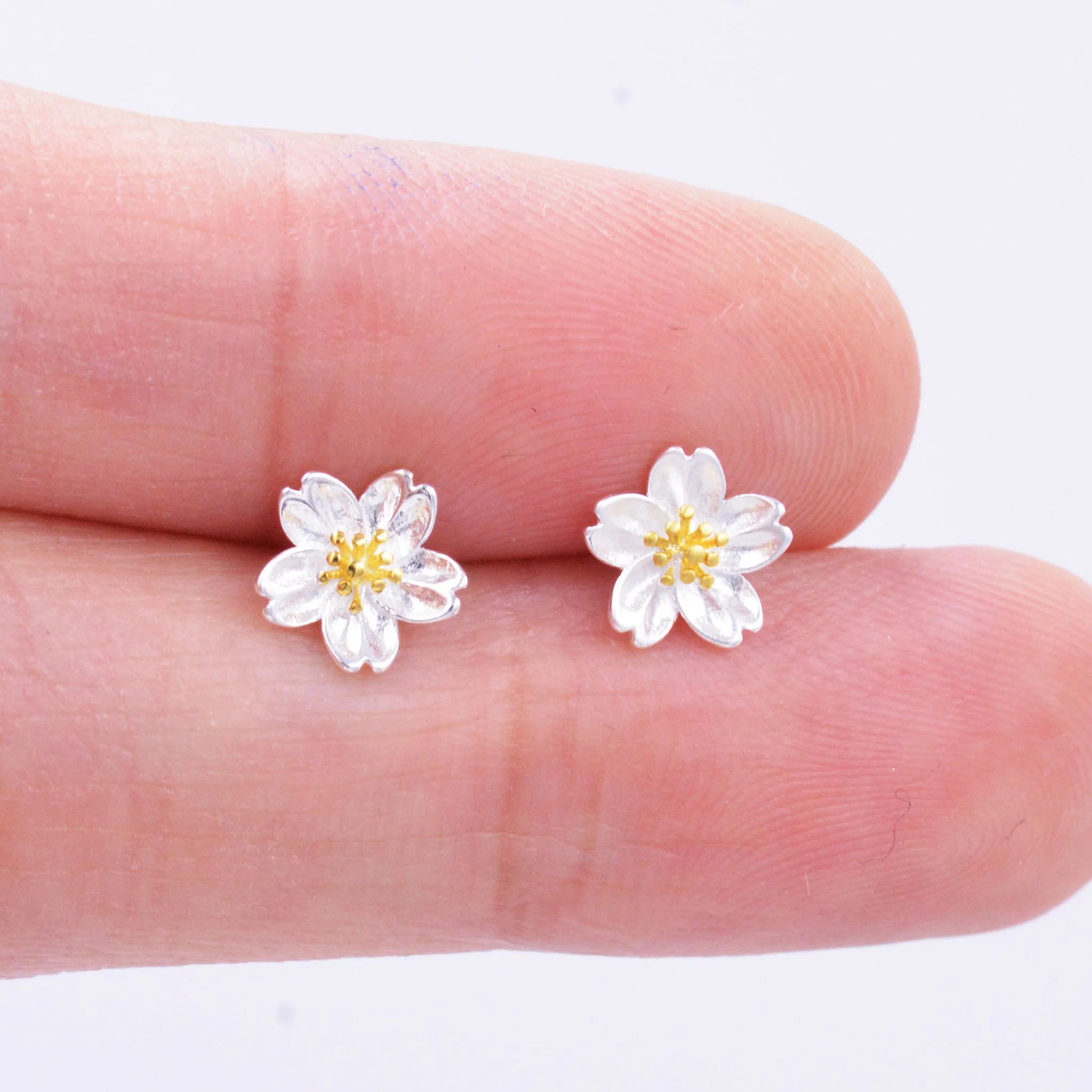Sterling Silver Dainty Little Cherry Blossom Flower Floral Stud Earrings, Sand Blasted Textured Finish, Cute and Sweet Design - Image 5
