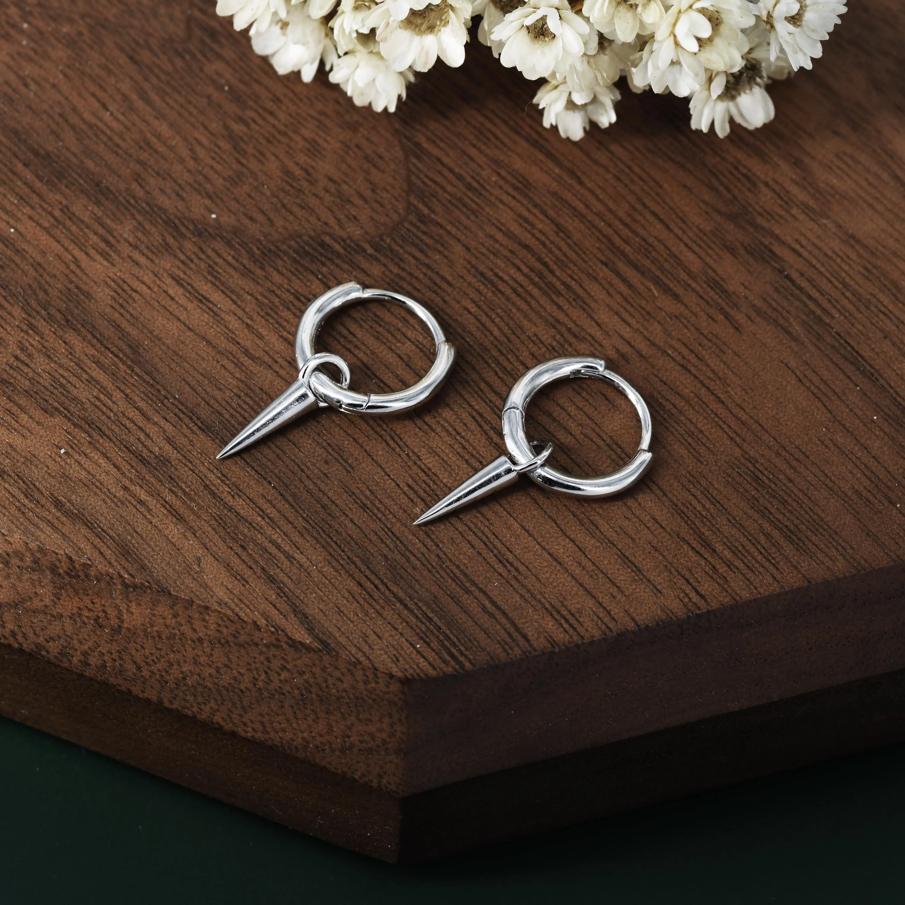 Sterling Silver Dainty Spike Hoop Earrings, Detachable Spike Charm Dangle Hoop Earrings, Silver or Gold or Rose Gold or Black - Image 4