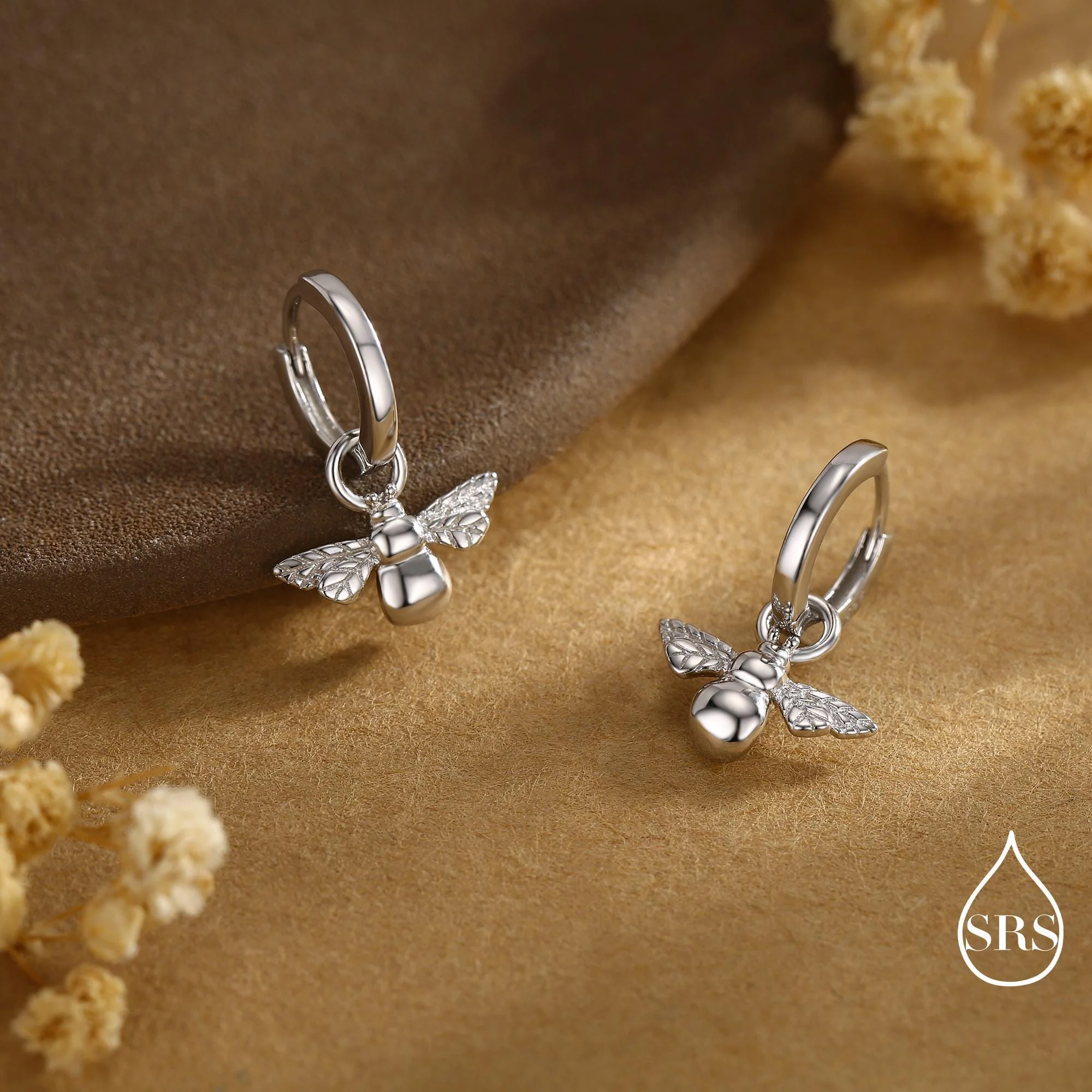 Sterling Silver Dangling Bee Hoop Earrings, Detachable Charm Dangle Hoop Earrings, Silver or Gold,  Interchangeable - Image 3