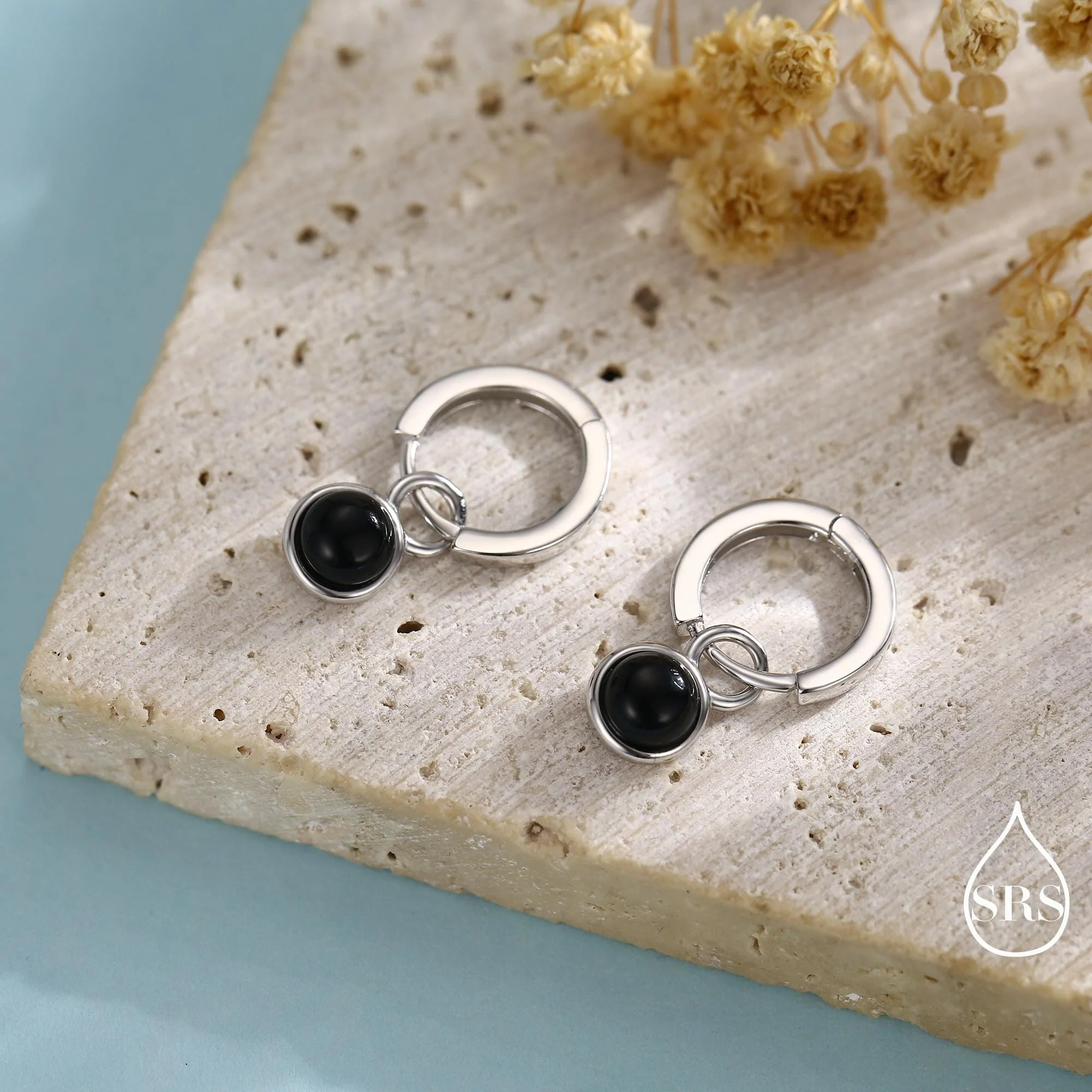 Sterling Silver Dangling Black Onyx Hoop Earrings, Detachable Black Onyx Coin Dangle Hoop Earrings, Silver or Gold, Interchangeable - Image 5