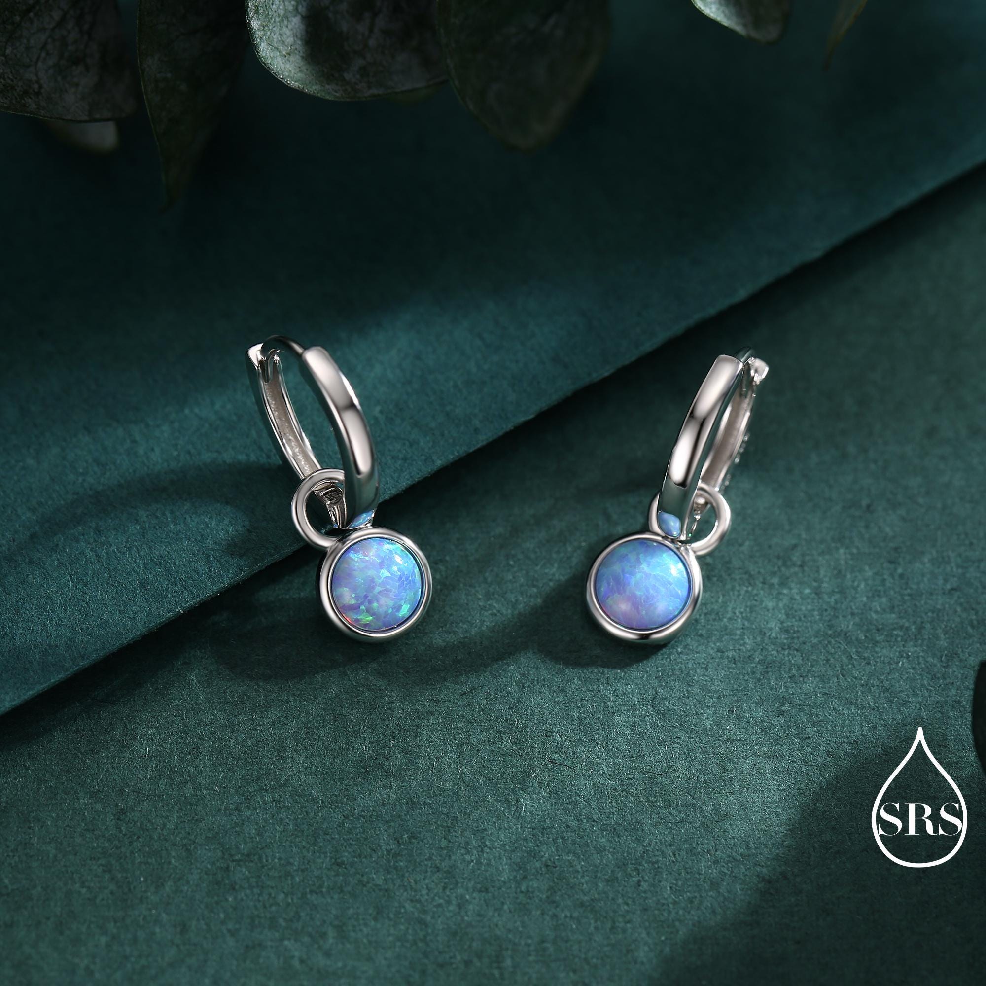 Sterling Silver Dangling Blue Opal Hoop Earrings, Detachable Charm Dangle Hoop Earrings, Silver or Gold, Interchangeable - Image 2