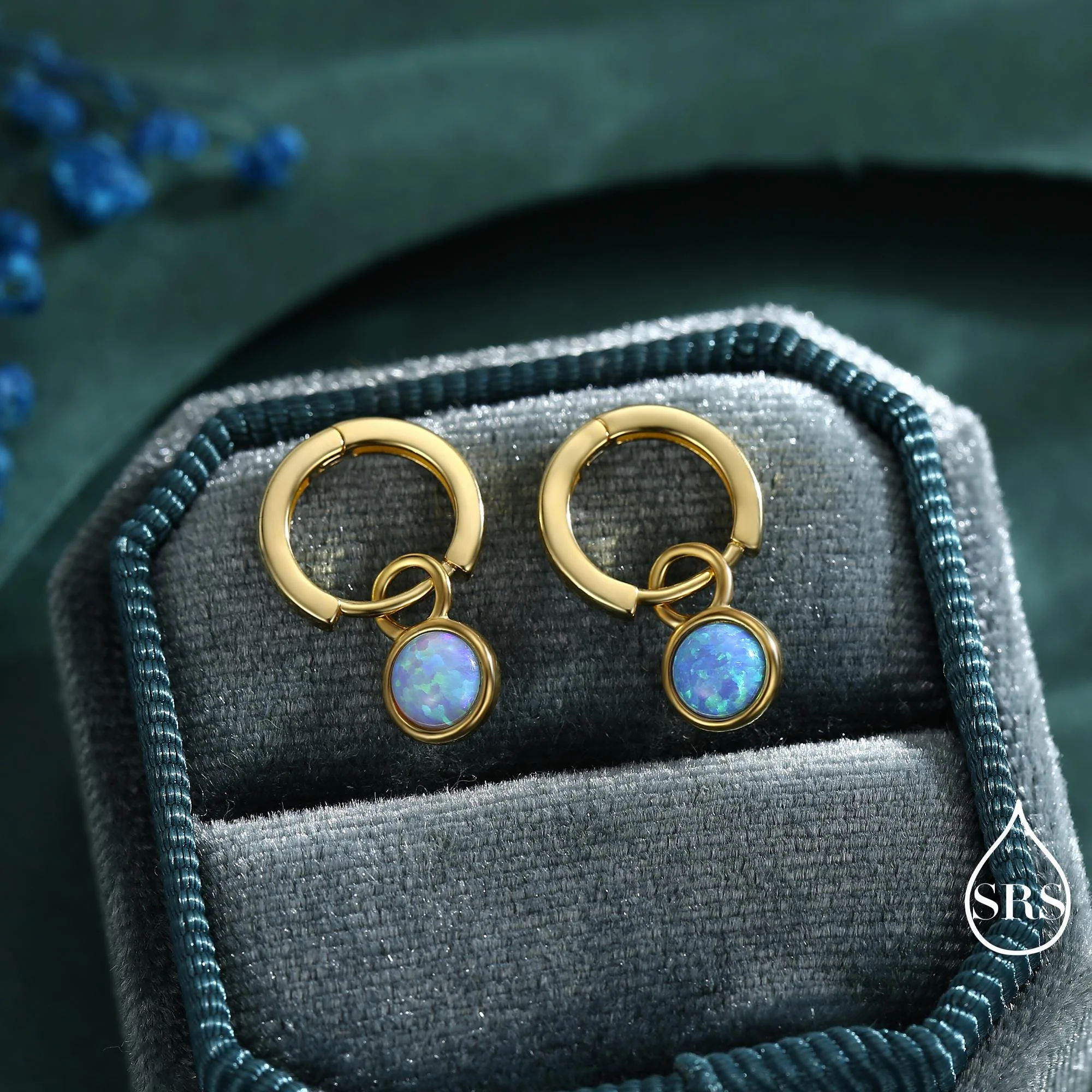 Sterling Silver Dangling Blue Opal Hoop Earrings, Detachable Charm Dangle Hoop Earrings, Silver or Gold, Interchangeable - Image 4