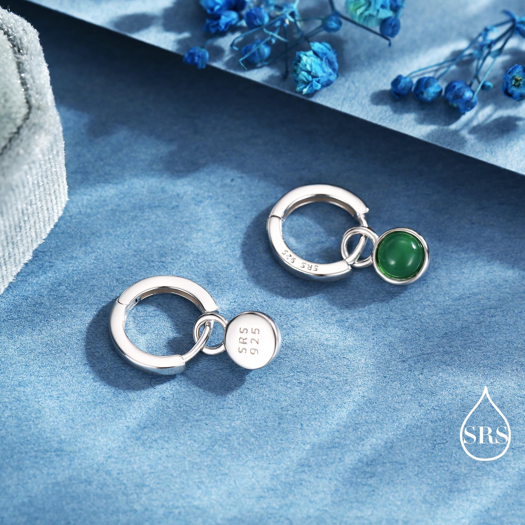 Sterling Silver Dangling Green Onyx Hoop Earrings, Detachable Green Onyx Coin Dangle Hoop Earrings, Silver or Gold, Interchangeable - Image 3
