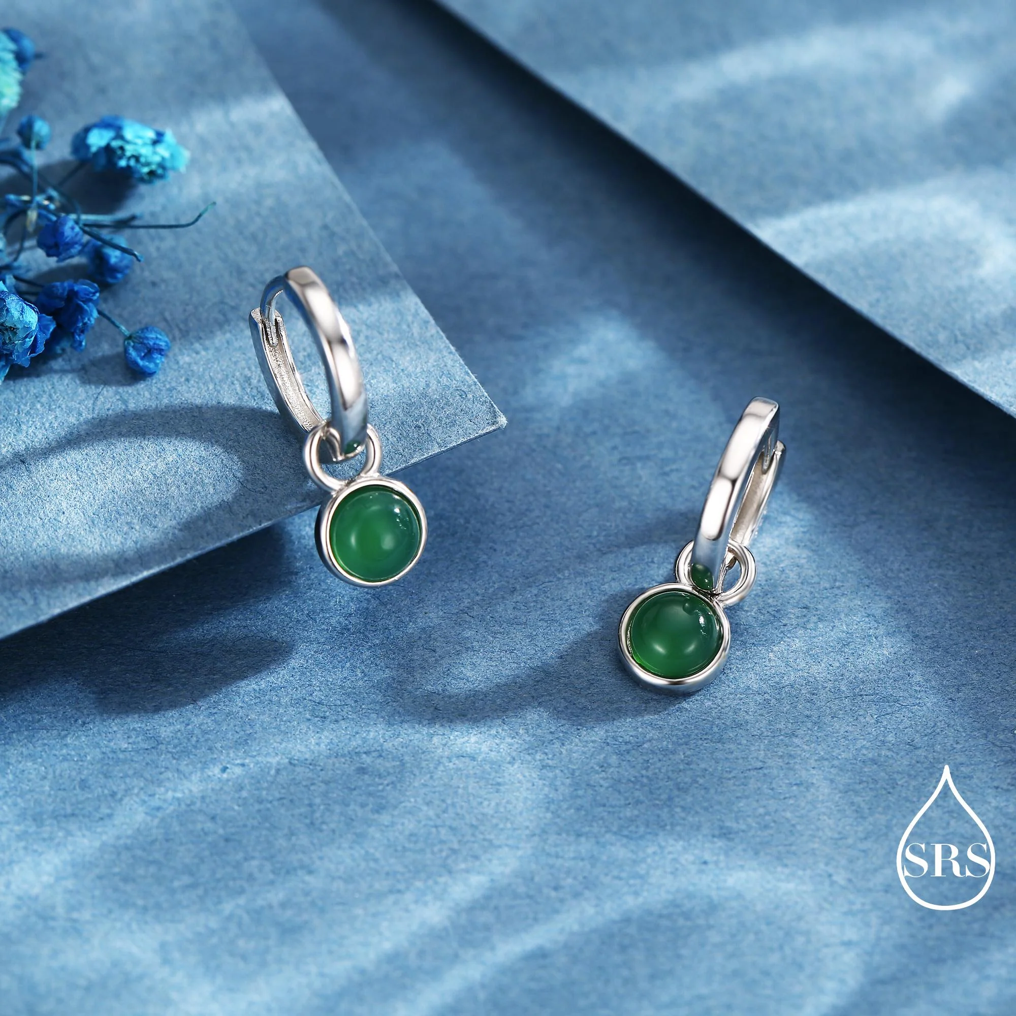 Sterling Silver Dangling Green Onyx Hoop Earrings, Detachable Green Onyx Coin Dangle Hoop Earrings, Silver or Gold, Interchangeable - Image 5