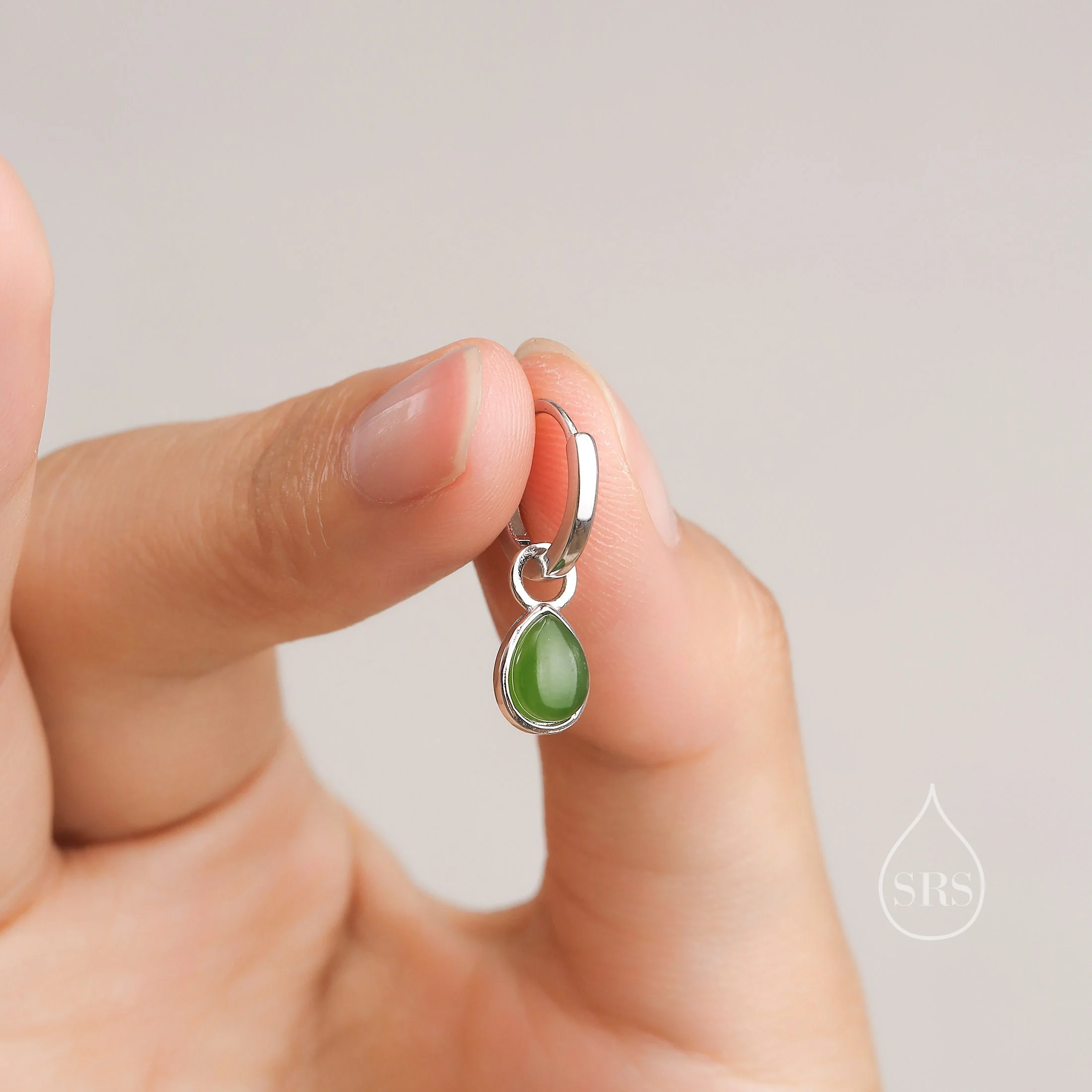 Sterling Silver Dangling Jade Droplet Hoop Earrings, Detachable Genuine Green Jade Charm Dangle Hoop Earrings, Silver or Gold, - Image 6