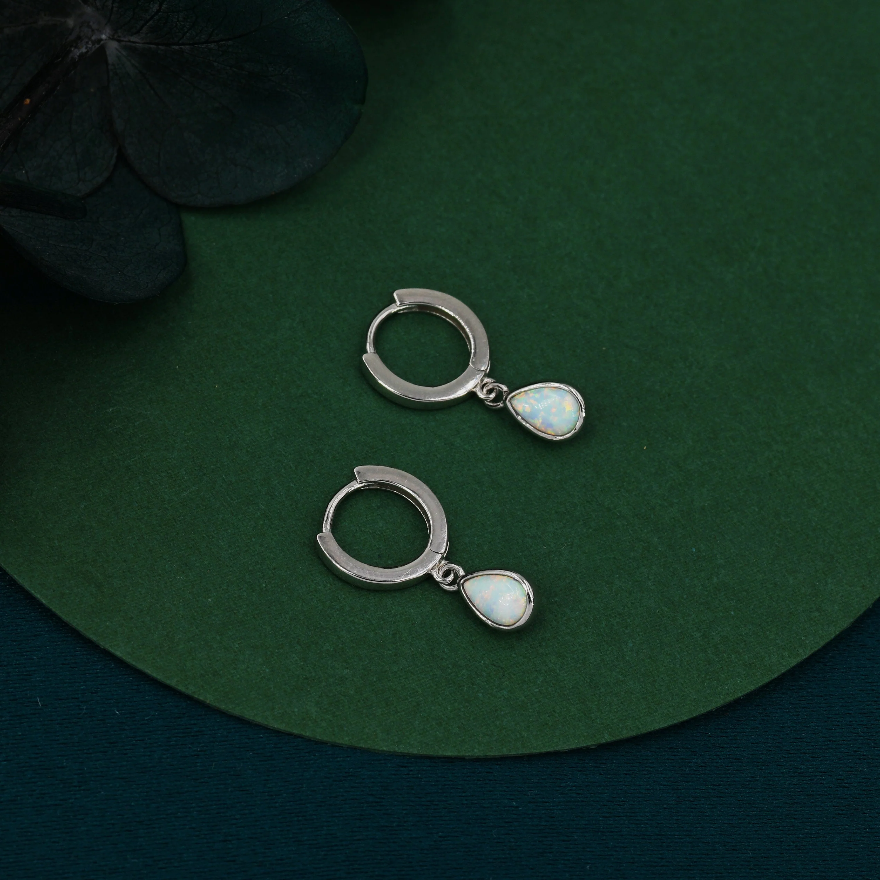 Sterling Silver Dangling Opal Droplet Hoop Earrings, Blue Opal or Fire Opal Charm Dangle Hoop Earrings, Silver or Gold - Image 7