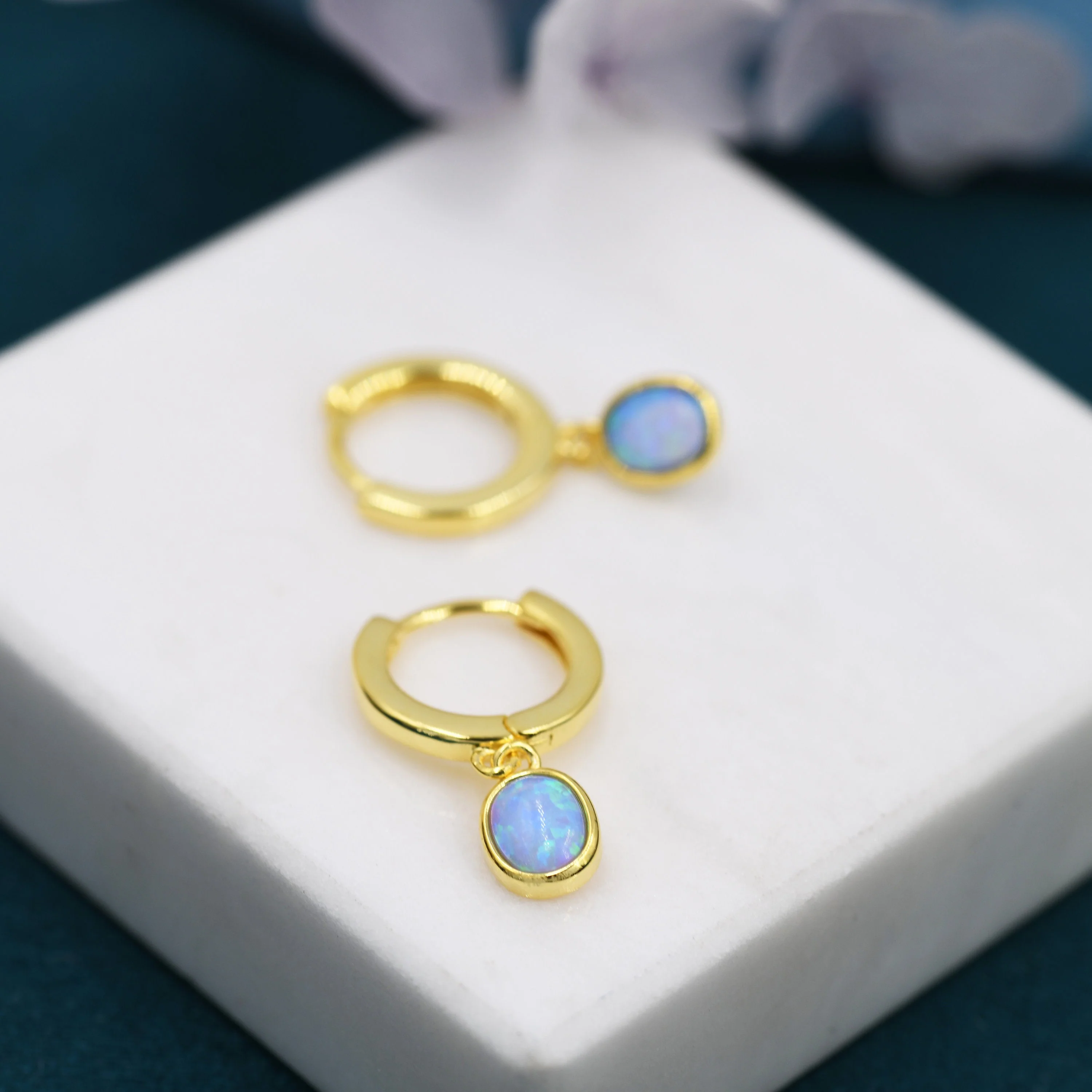 Sterling Silver Dangling Oval  Blue Opal Hoop Earrings,  Blue Opal Charm Dangle Hoop Earrings, Silver or Gold - Image 3