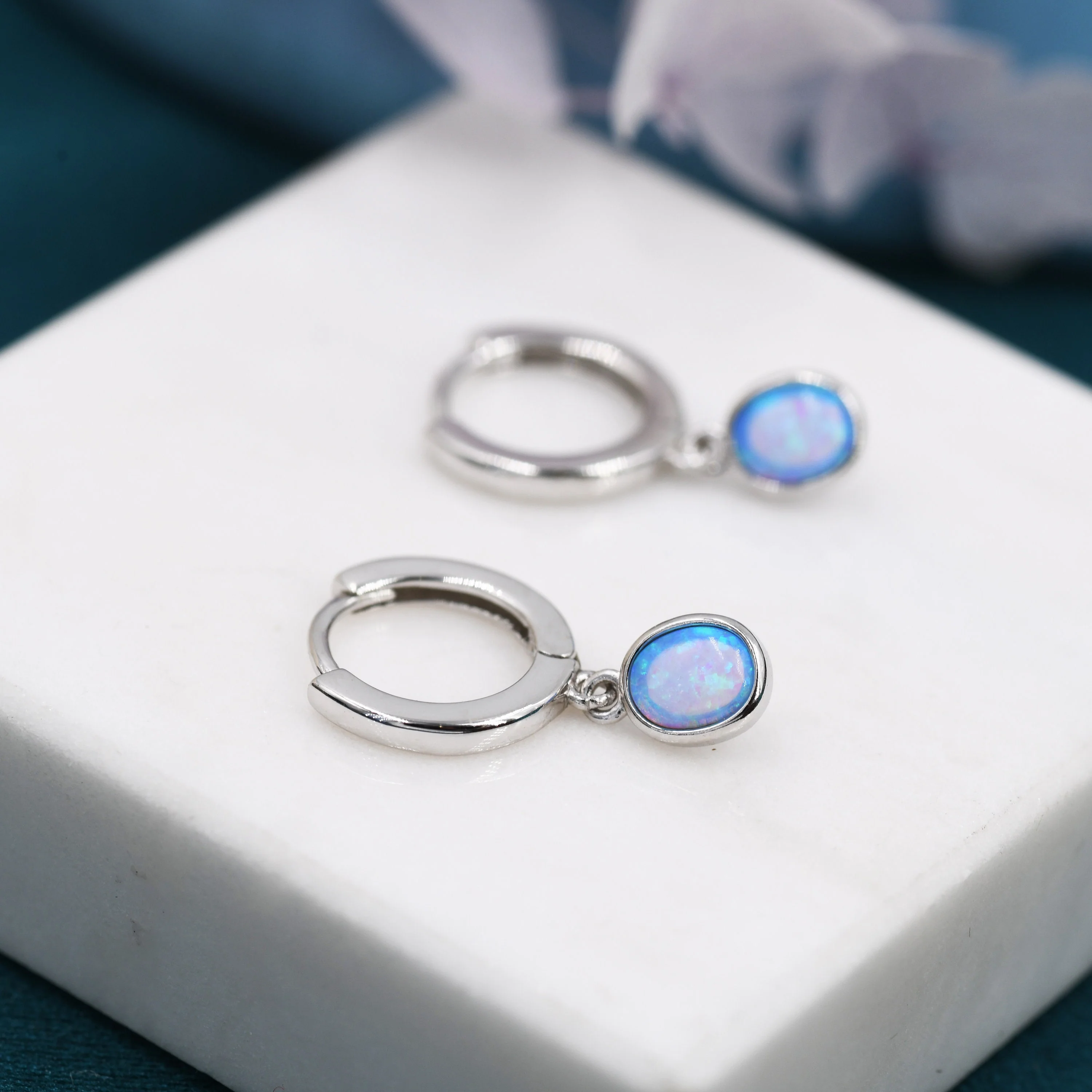 Sterling Silver Dangling Oval  Blue Opal Hoop Earrings,  Blue Opal Charm Dangle Hoop Earrings, Silver or Gold - Image 4
