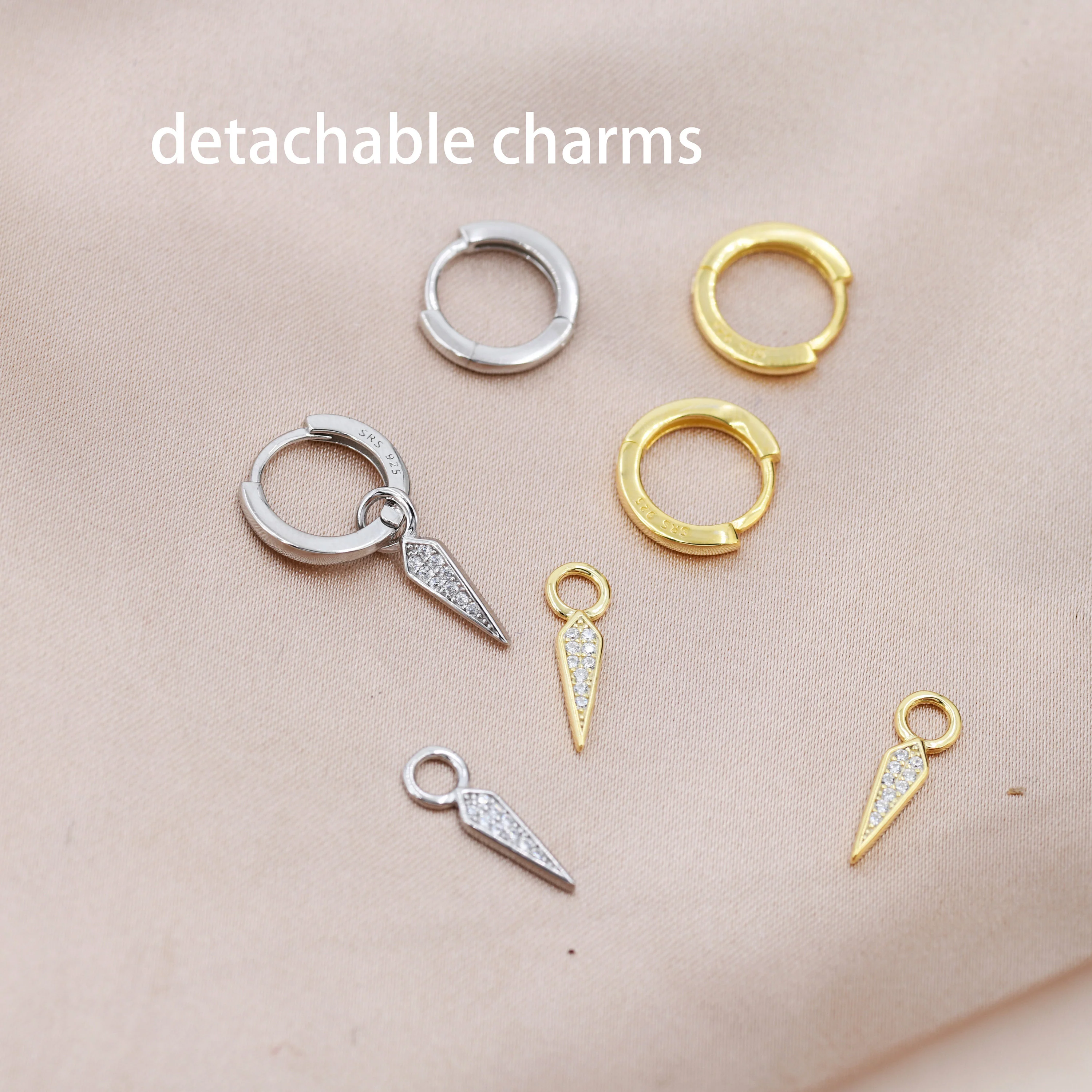Sterling Silver Dangling Rhombus Spike Hoop Earrings, Detachable Kite Charm Dangle Hoop Earrings, Silver or Gold, Interchangeable Charms - Image 7
