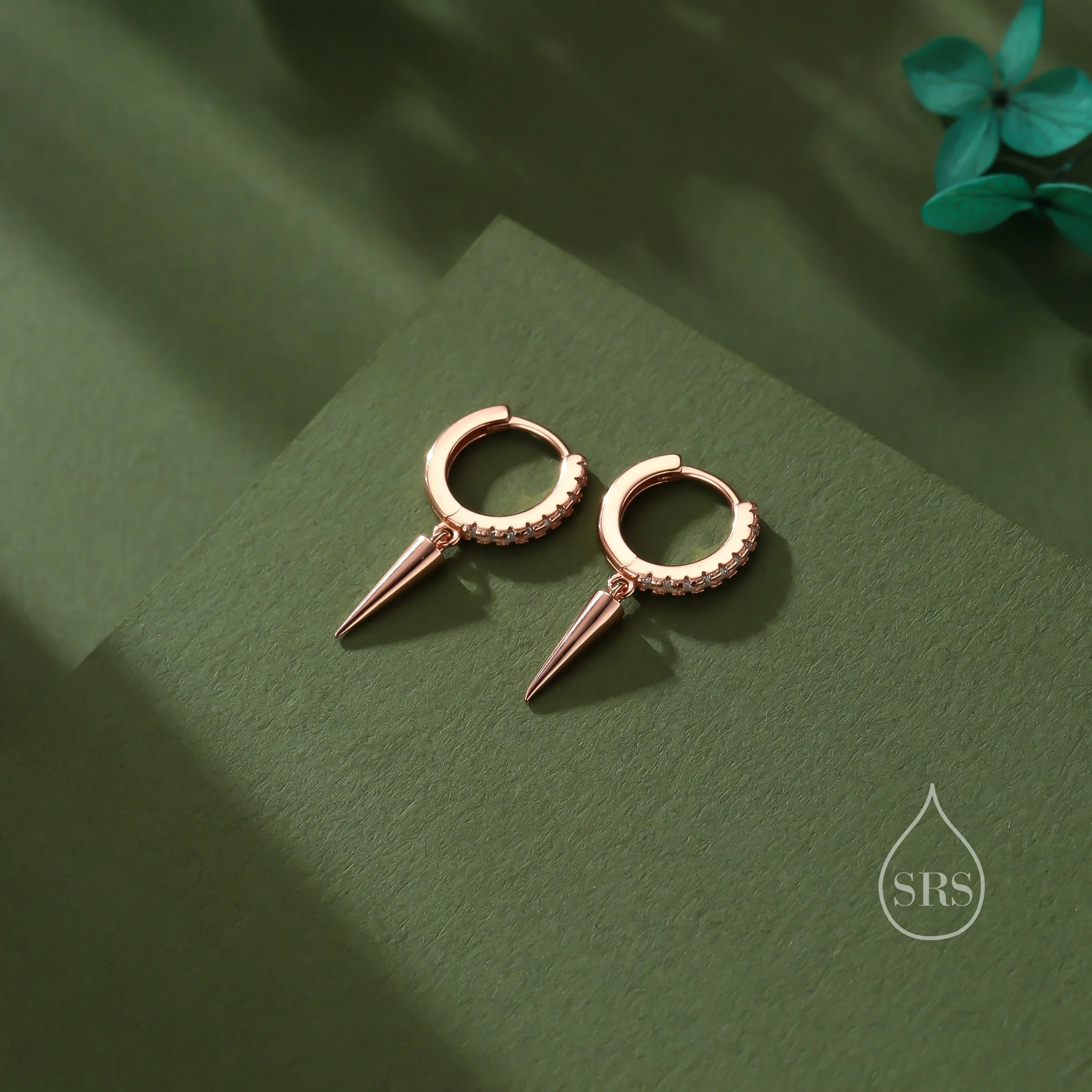 Sterling Silver Dangling Spike CZ Hoop Earrings, Silver or Gold or Rose Gold or Black, Spike Hoop Earrings - Image 8