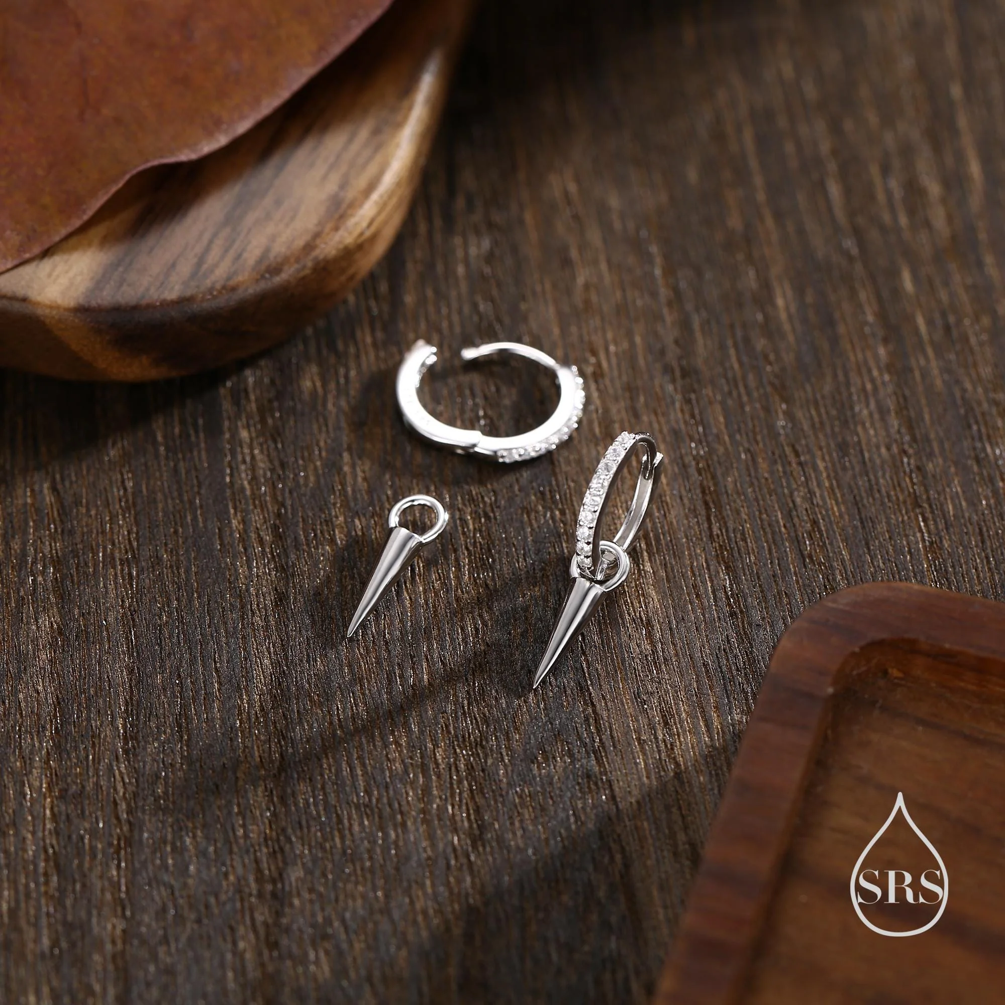 Sterling Silver Dangling Spike Hoop Earrings, Detachable Spike Charm Dangle Hoop Earrings, Silver or Gold or Rose Gold, Interchangeable - Image 3