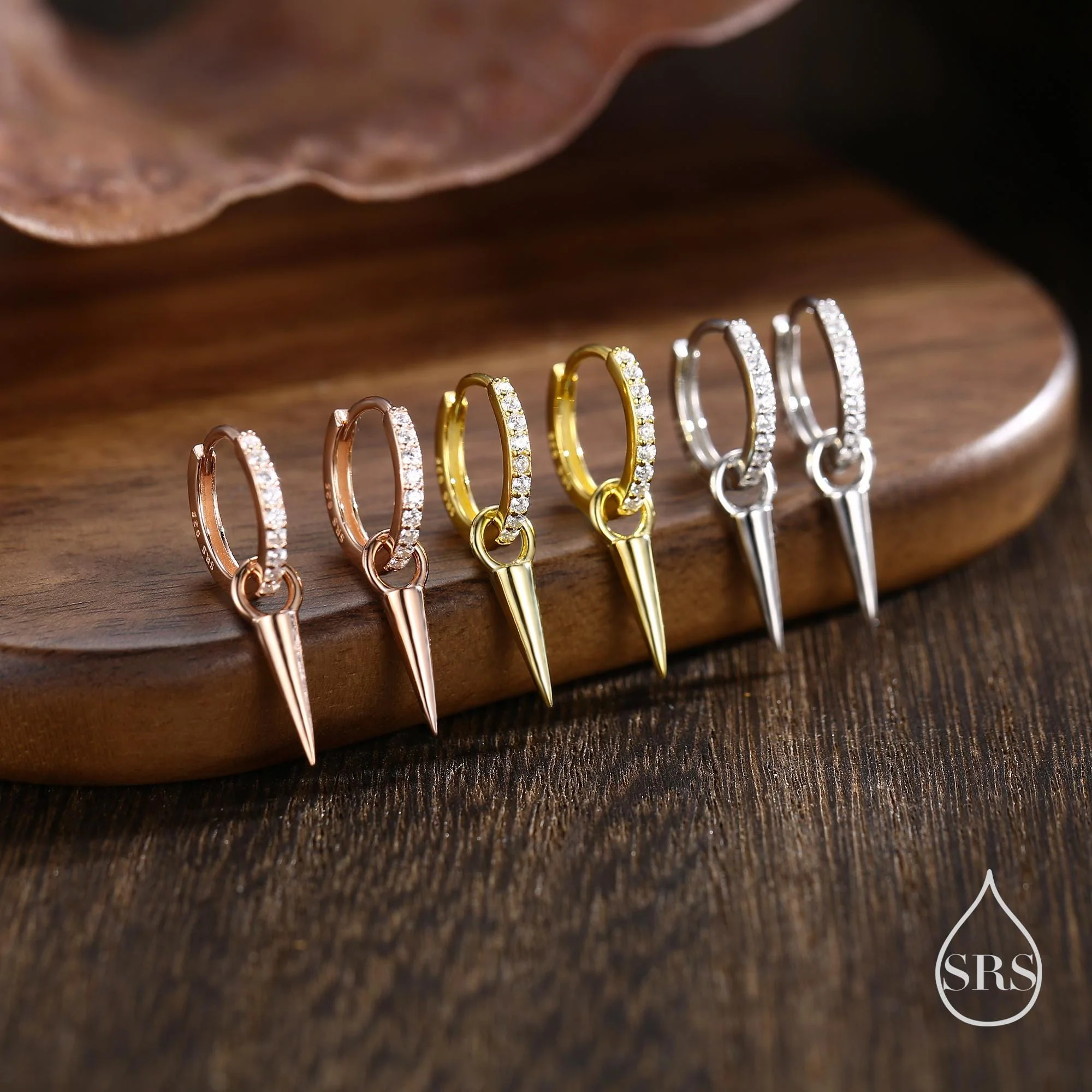 Sterling Silver Dangling Spike Hoop Earrings, Detachable Spike Charm Dangle Hoop Earrings, Silver or Gold or Rose Gold, Interchangeable - Image 6