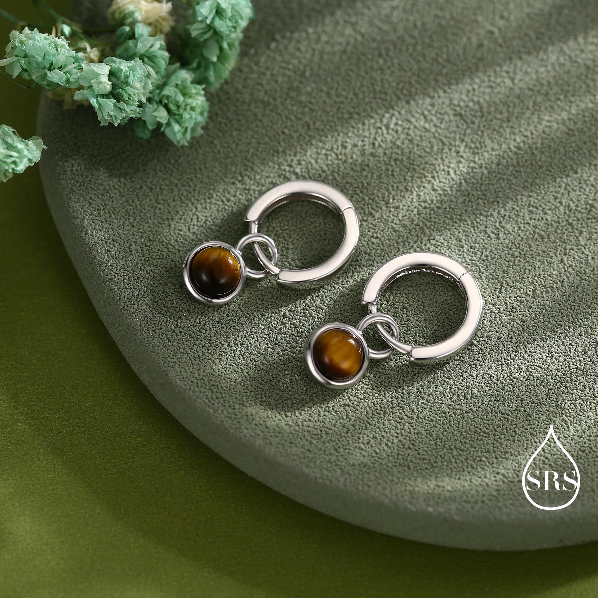 Sterling Silver Dangling Tiger's Eye Hoop Earrings, Detachable Tiger's Eye Coin Dangle Hoop Earrings, Interchangeable - Image 5