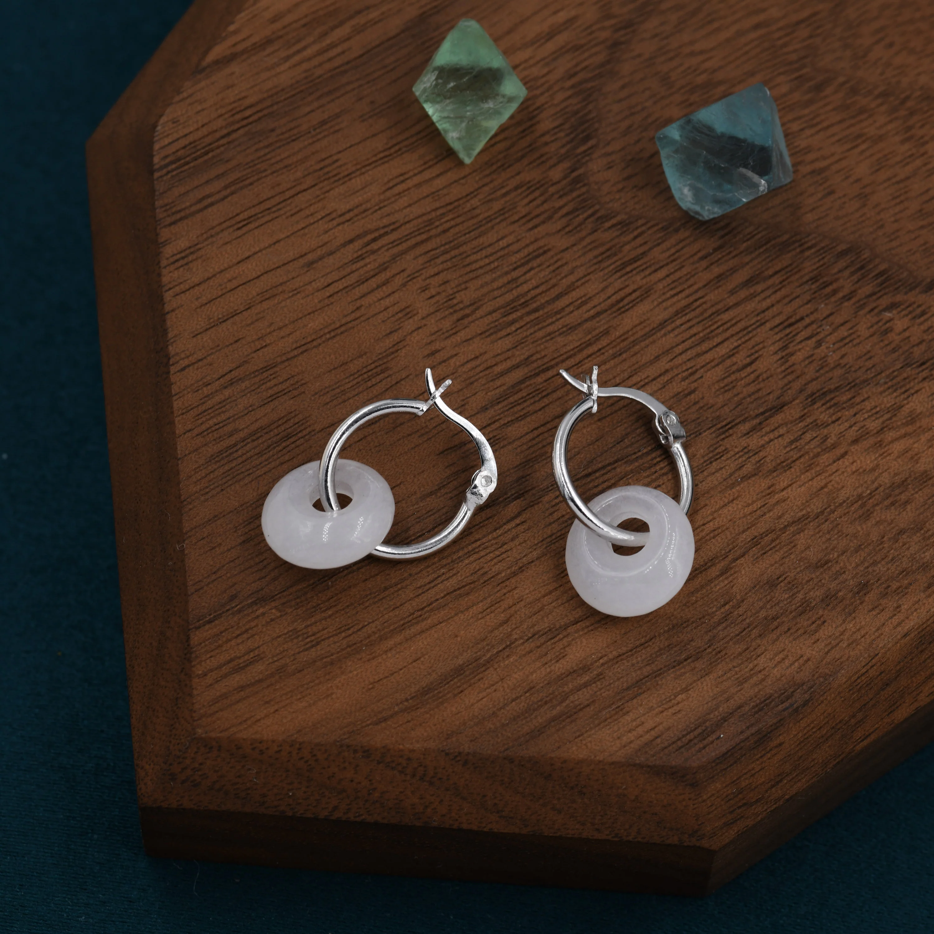 Sterling Silver Dangling White Jade Donut Hoop Earrings, Detachable Natural White Jade Coin Charm Dangle Hoop Earrings, Silver or Gold - Image 2