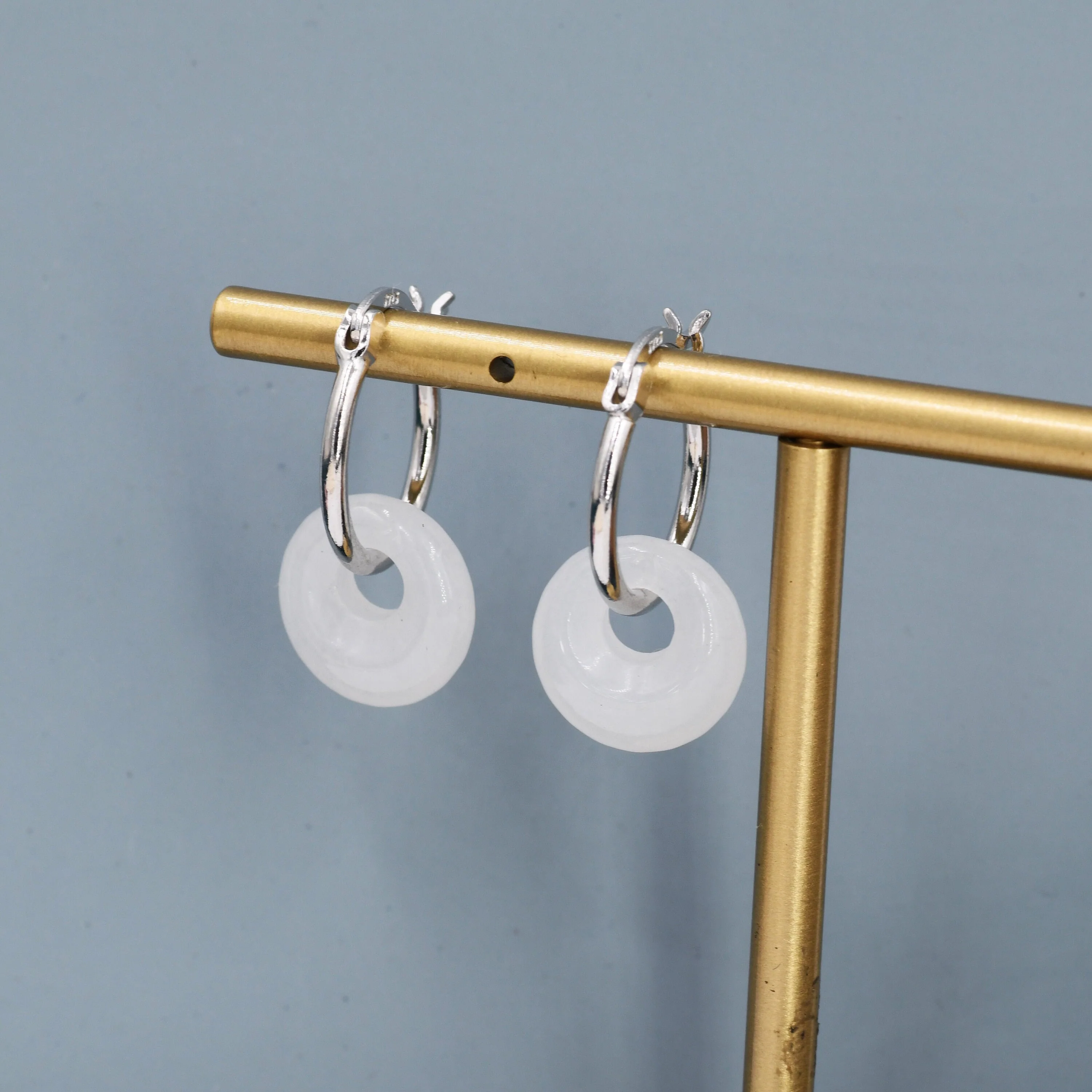 Sterling Silver Dangling White Jade Donut Hoop Earrings, Detachable Natural White Jade Coin Charm Dangle Hoop Earrings, Silver or Gold - Image 3