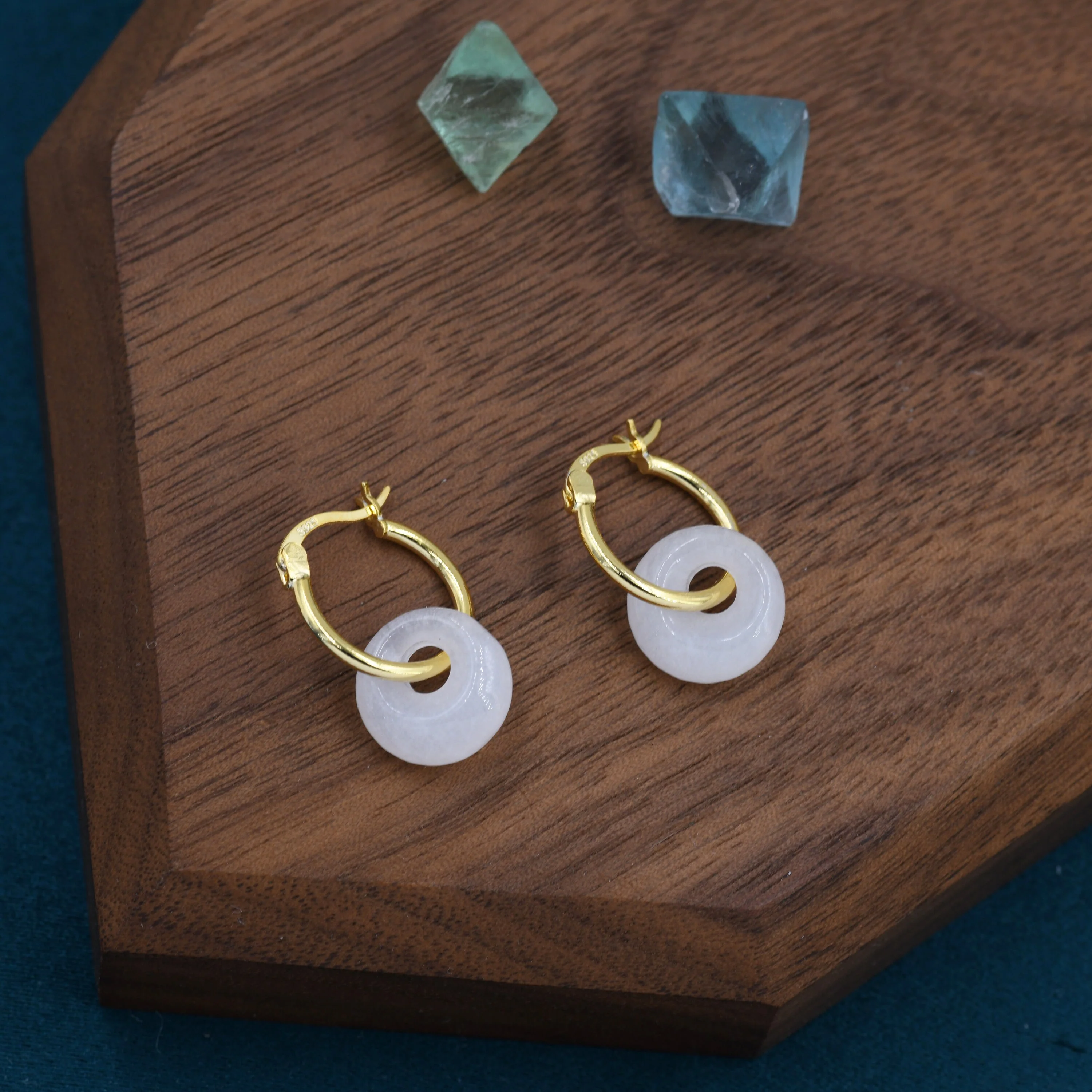 Sterling Silver Dangling White Jade Donut Hoop Earrings, Detachable Natural White Jade Coin Charm Dangle Hoop Earrings, Silver or Gold - Image 5