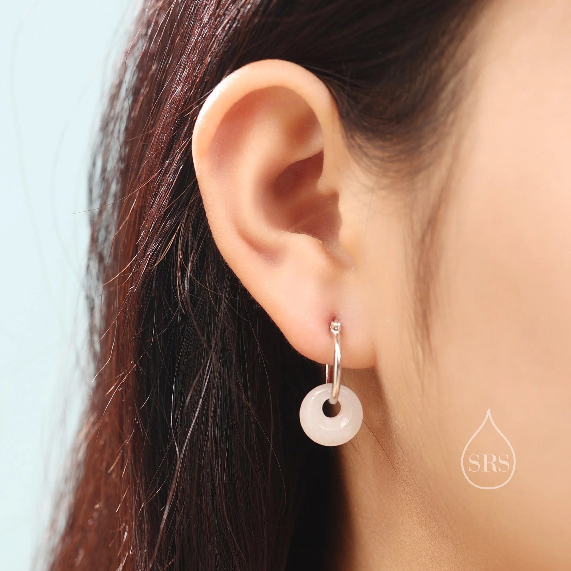 Sterling Silver Dangling White Jade Donut Hoop Earrings, Detachable Natural White Jade Coin Charm Dangle Hoop Earrings, Silver or Gold - Image 6