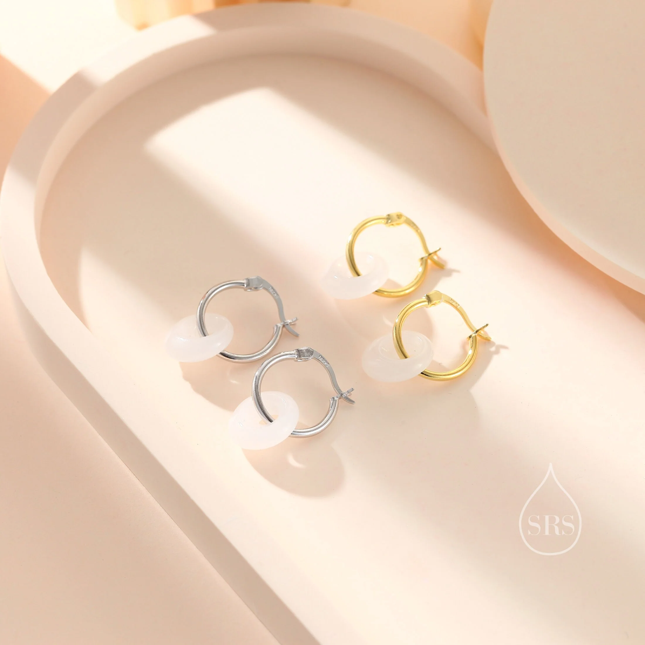 Sterling Silver Dangling White Jade Donut Hoop Earrings, Detachable Natural White Jade Coin Charm Dangle Hoop Earrings, Silver or Gold - Image 9
