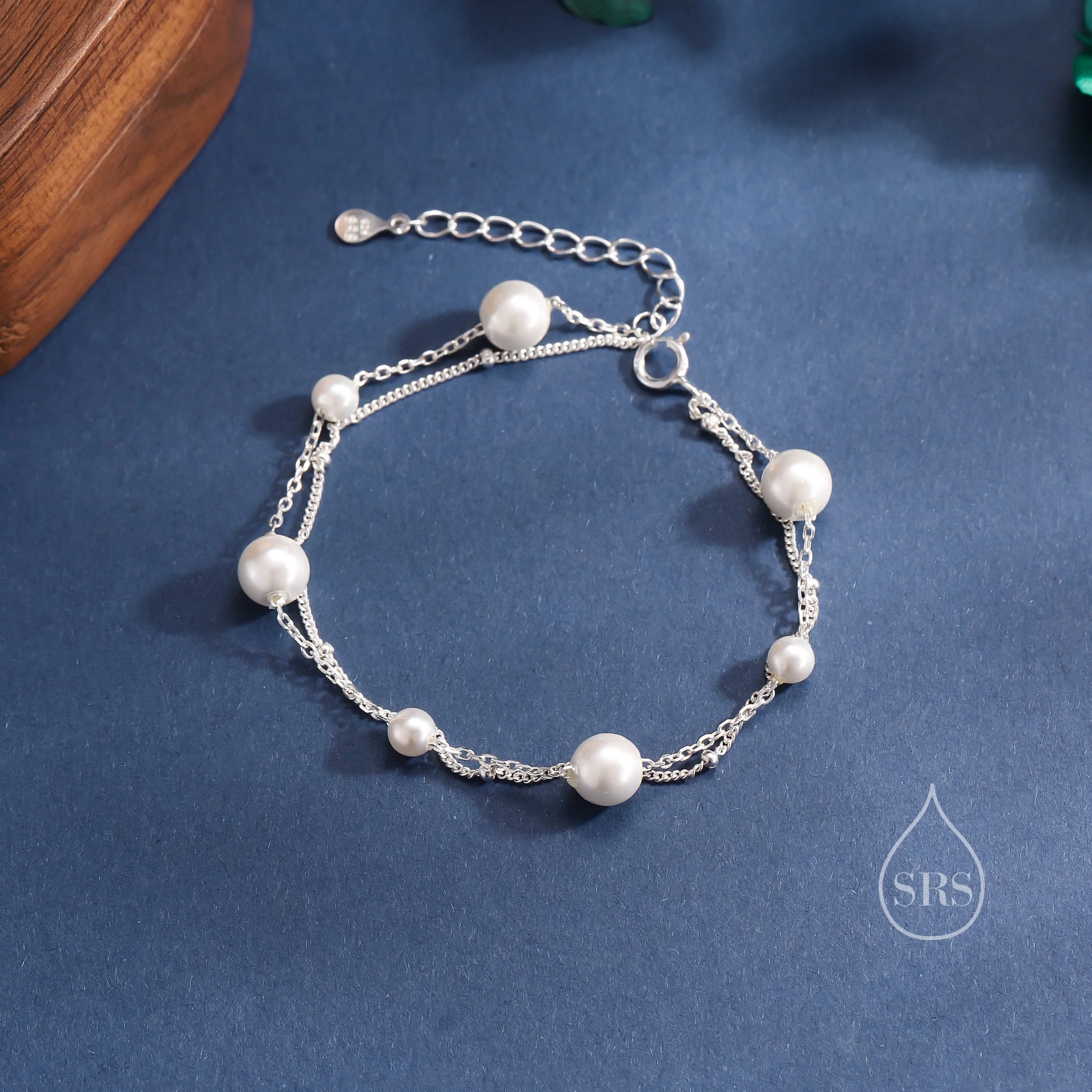 Sterling Silver Delicate Mother of Pearl Beaded Bracelet, Double Layer Pearl Bracelet, Simulated Pearl Bracelet, Two Layer - Image 3
