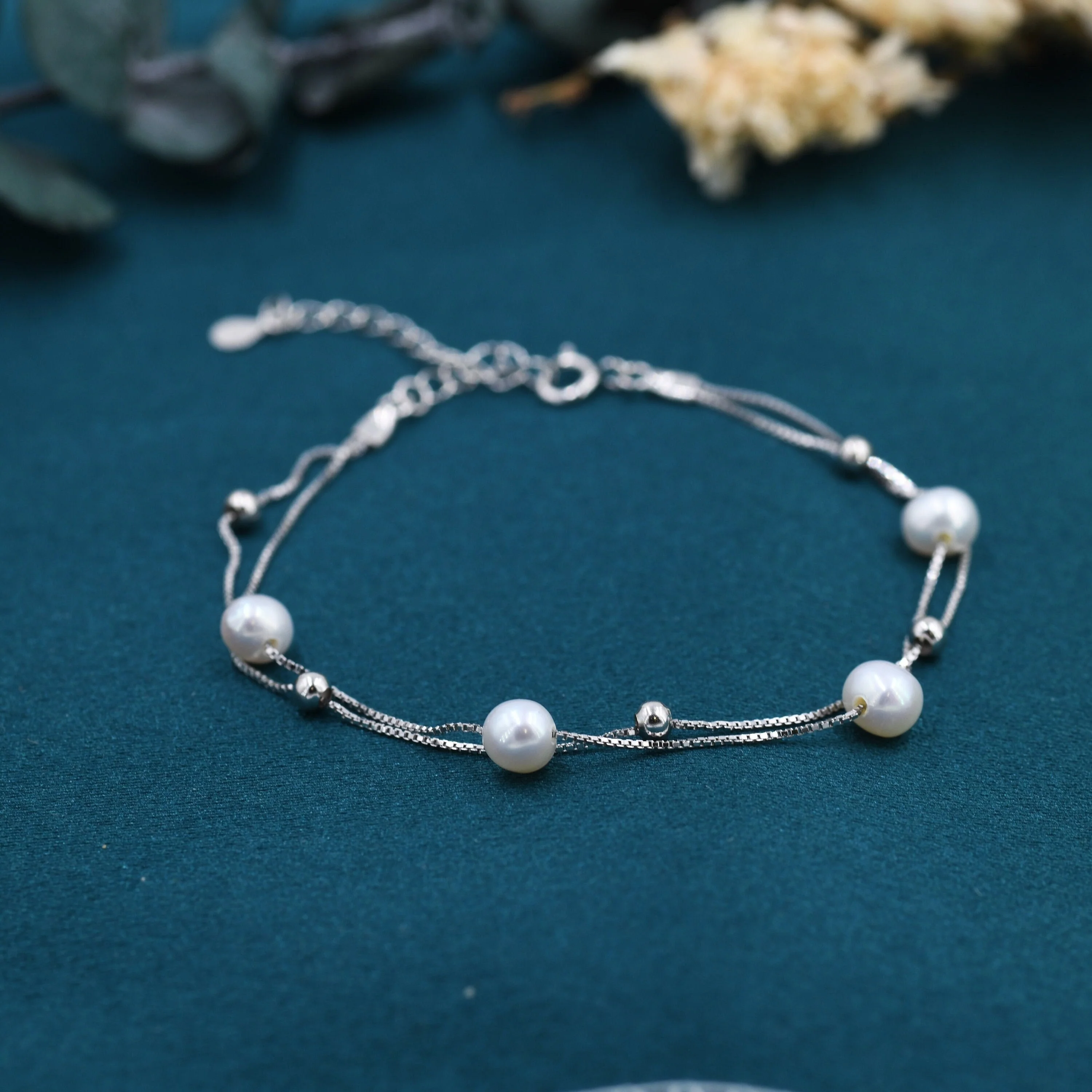 Sterling Silver Delicate Pearl and Silver Ball Beaded Bracelet, Double Layer, Silver or Gold, Real Freshwater Pearls, Natural Pearl Bracelet - Image 3