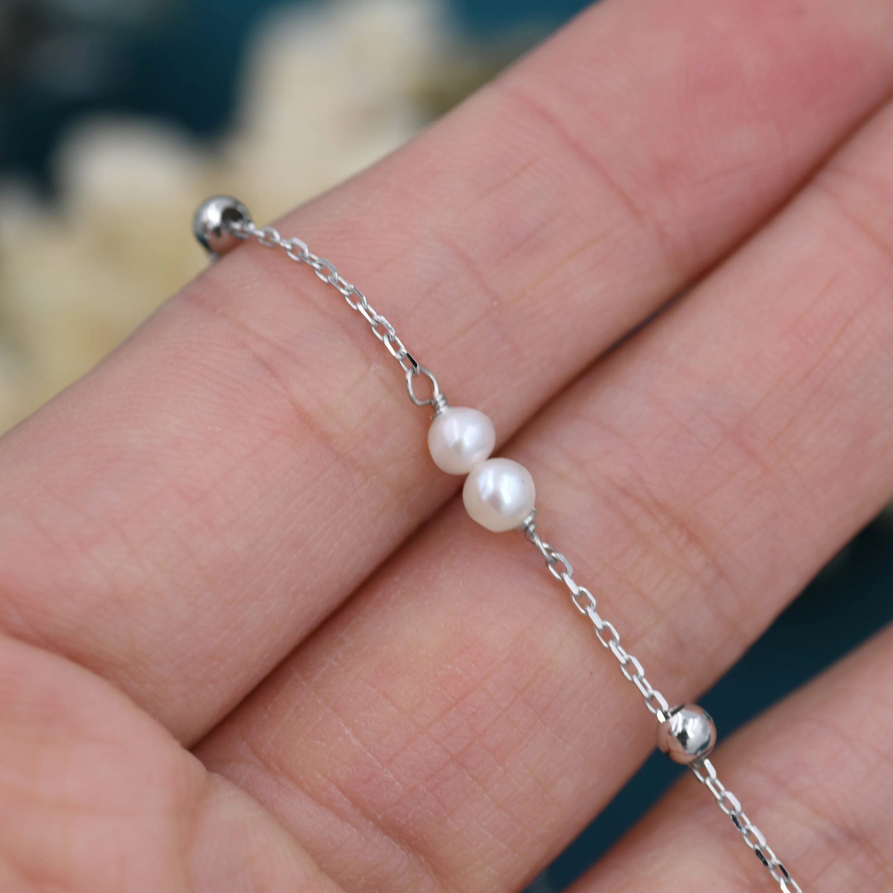 Sterling Silver Delicate Pearl Beaded Bracelet, Silver or Gold, Genuine Freshwater Pearls, Natural Pearl Bracelet, Ivory Pearls, Satellite - Image 6