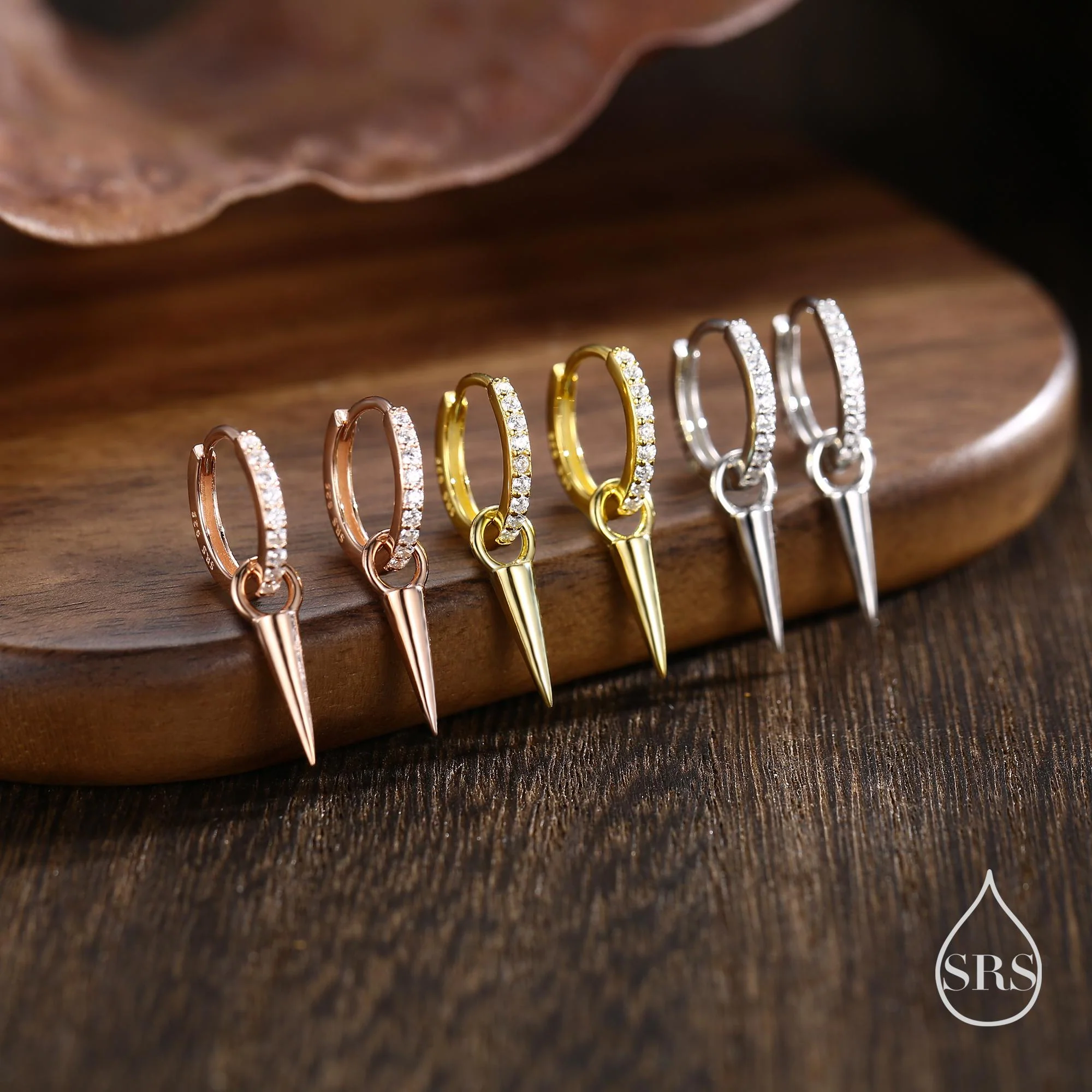 Sterling Silver Delicate Spike Hoop Earrings, Detachable Charm Dangle Hoop Earrings, Silver or Gold or Rose Gold or Black, Interchangeable - Image 2